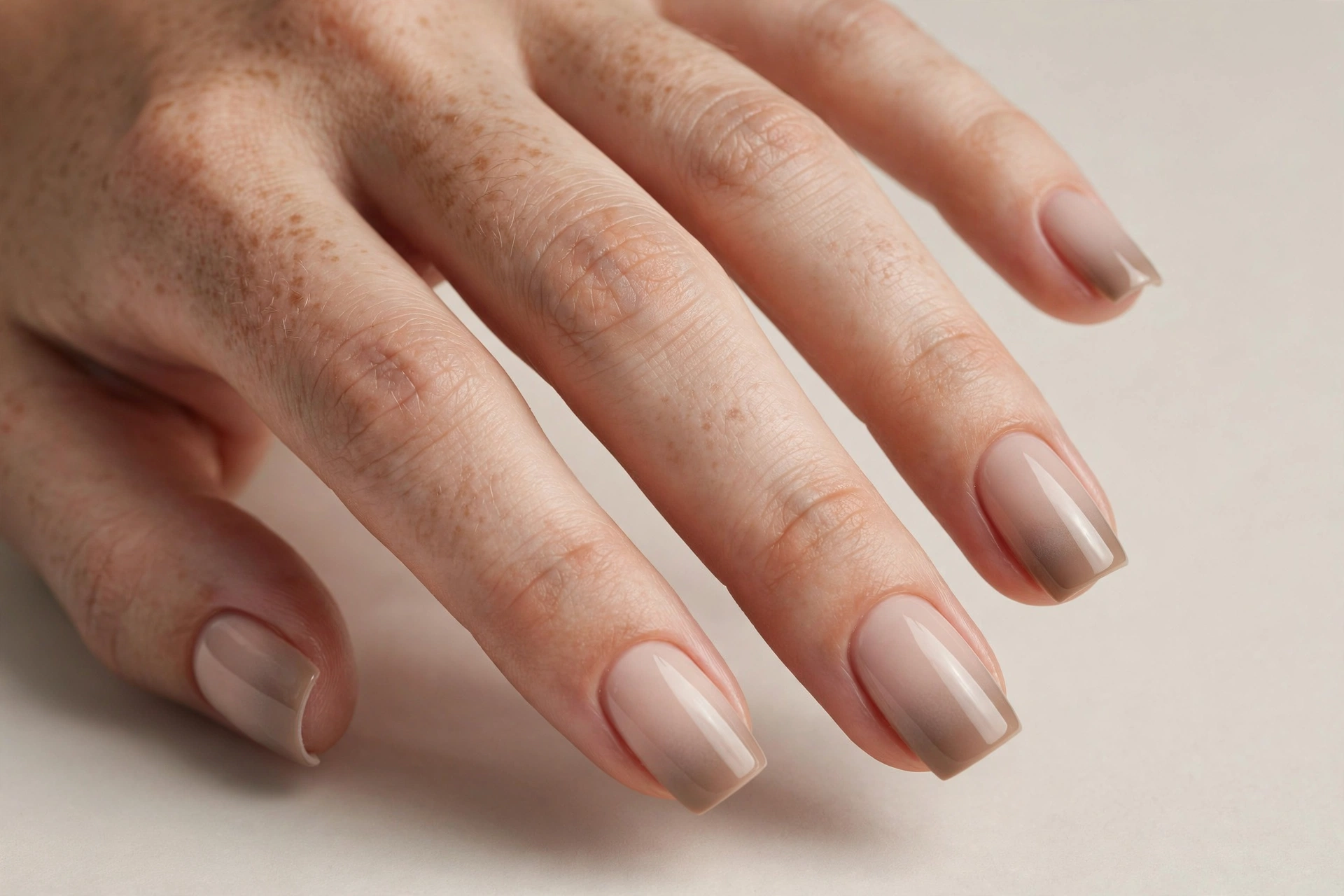 Nude-to-taupe soft ombre manicure on square nails