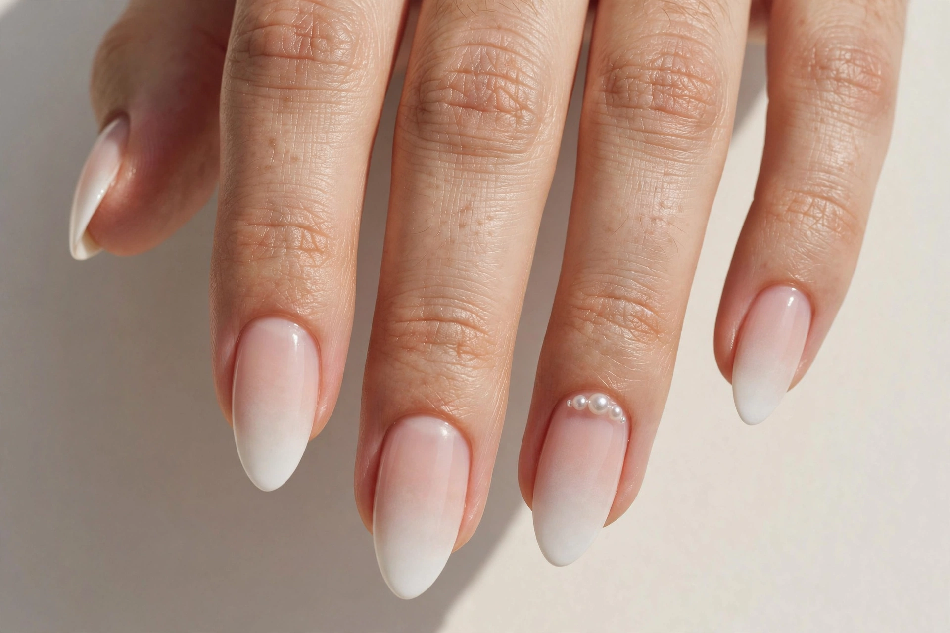 Baby boomer ombre manicure with tiny pearl accents on ring fingers and almond nails