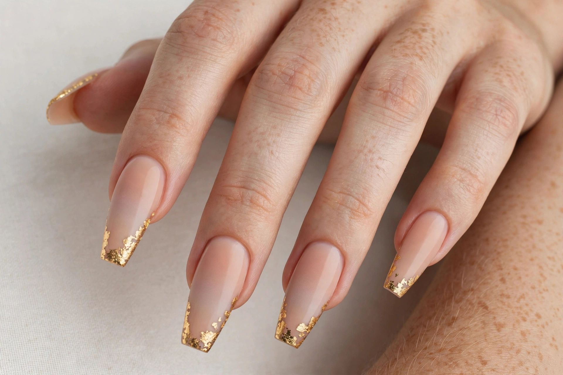 Nude ombre manicure with gold foil tips on coffin nails