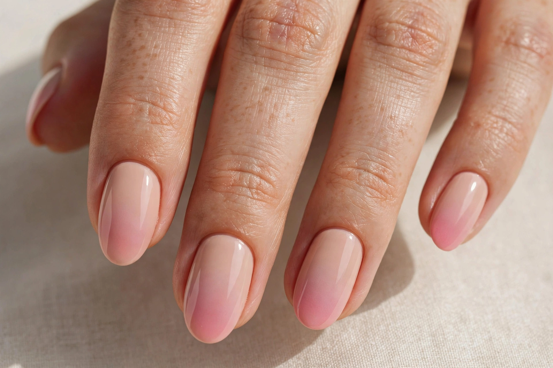 Blush nude gradient ombre manicure on oval nails