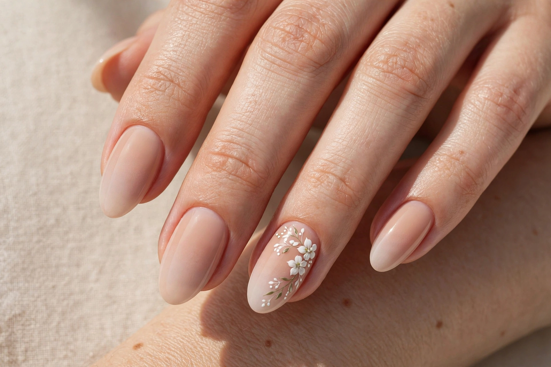 Nude ombre manicure with white floral accent nail art on almond nails