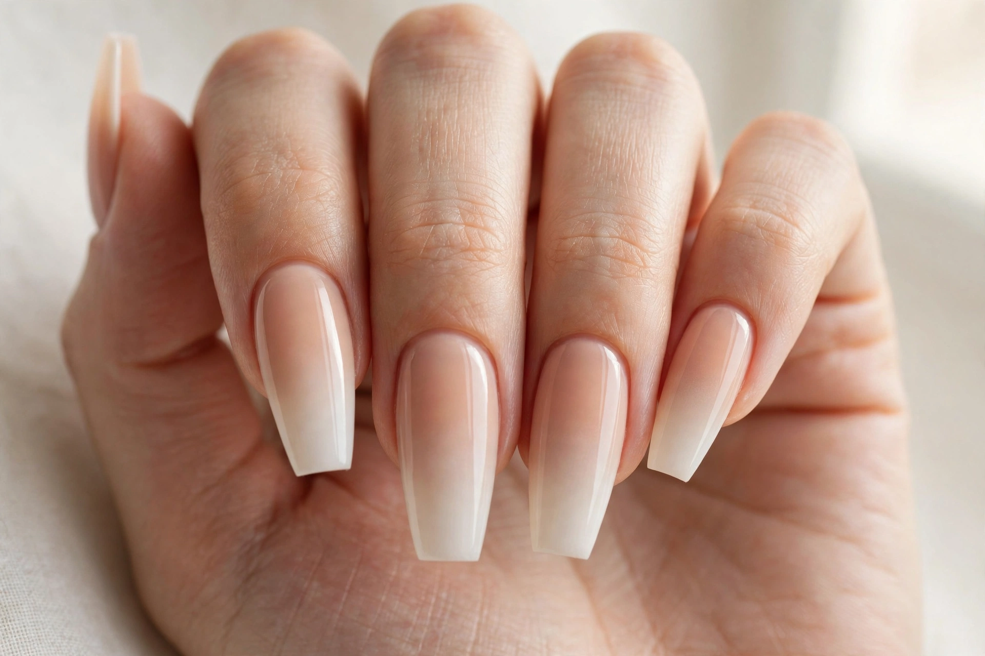 Nude-to-ivory fade ombre manicure on long coffin nails