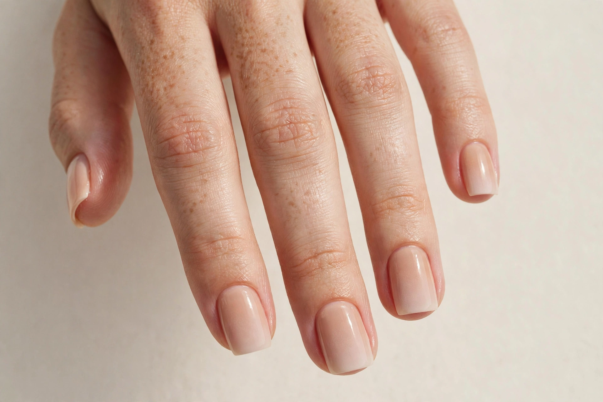Subtle nude ombre manicure with glossy top coat on short square nails