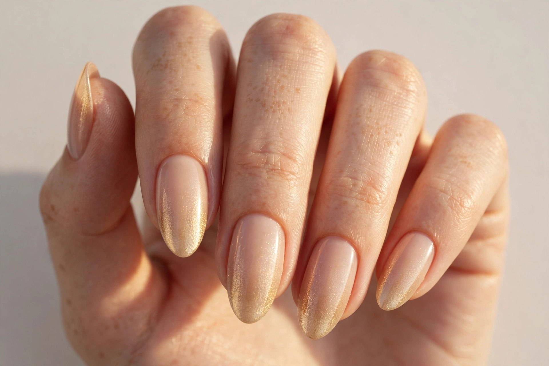 Champagne nude ombre manicure with soft golden glow on almond nails