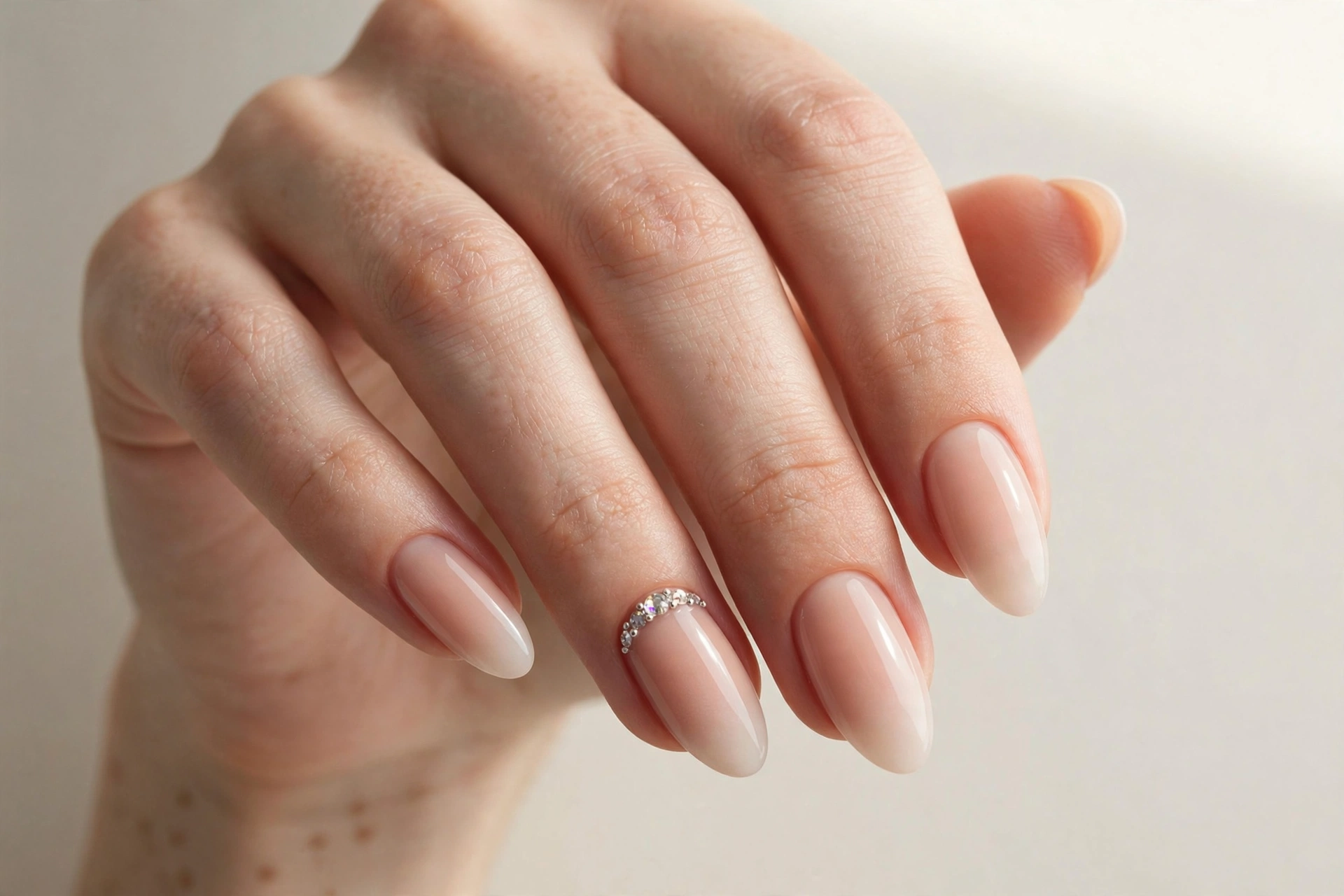 Nude ombre manicure with rhinestone cuticle accent on ring finger and almond nails