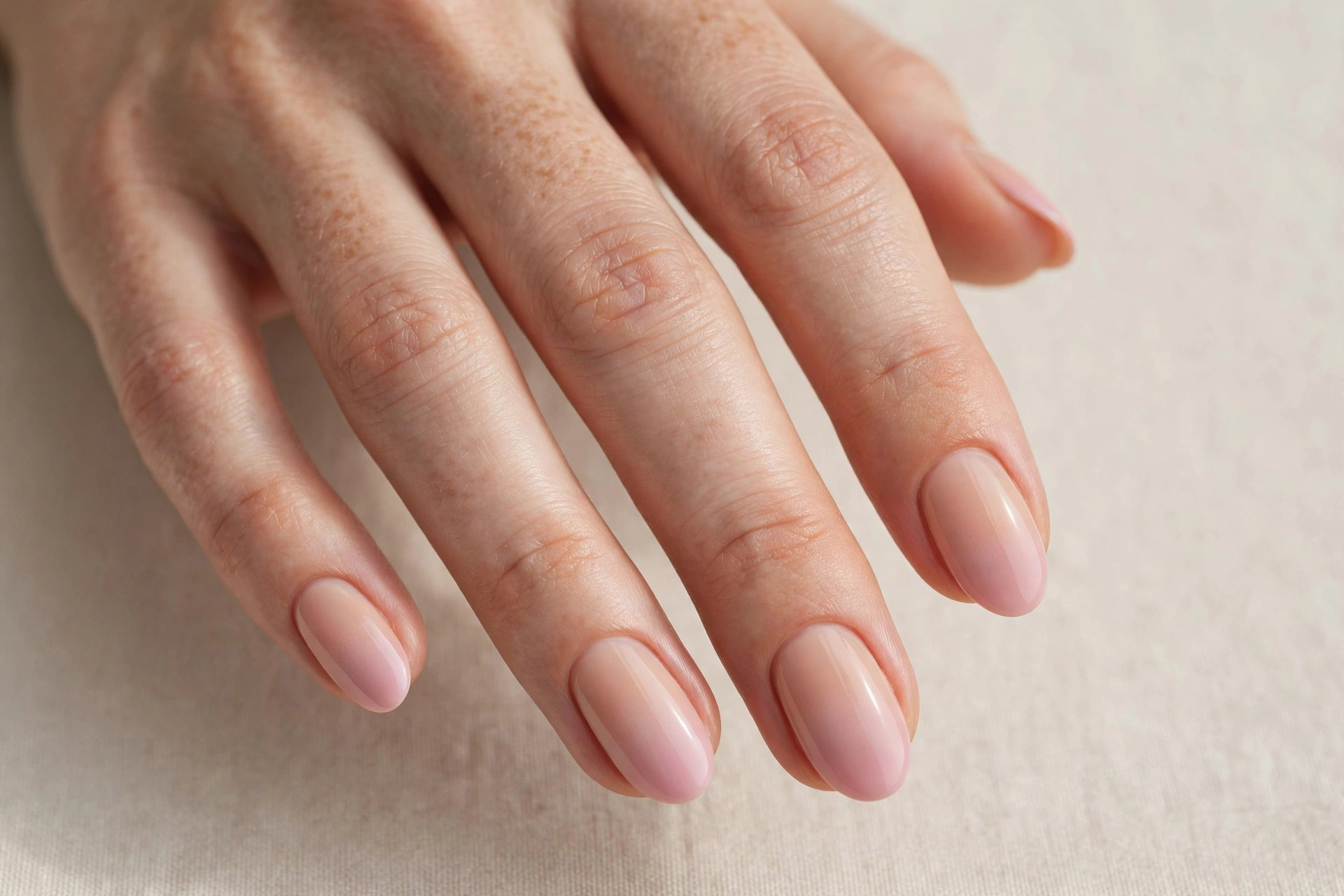 Soft pink-nude ombre manicure on oval nails