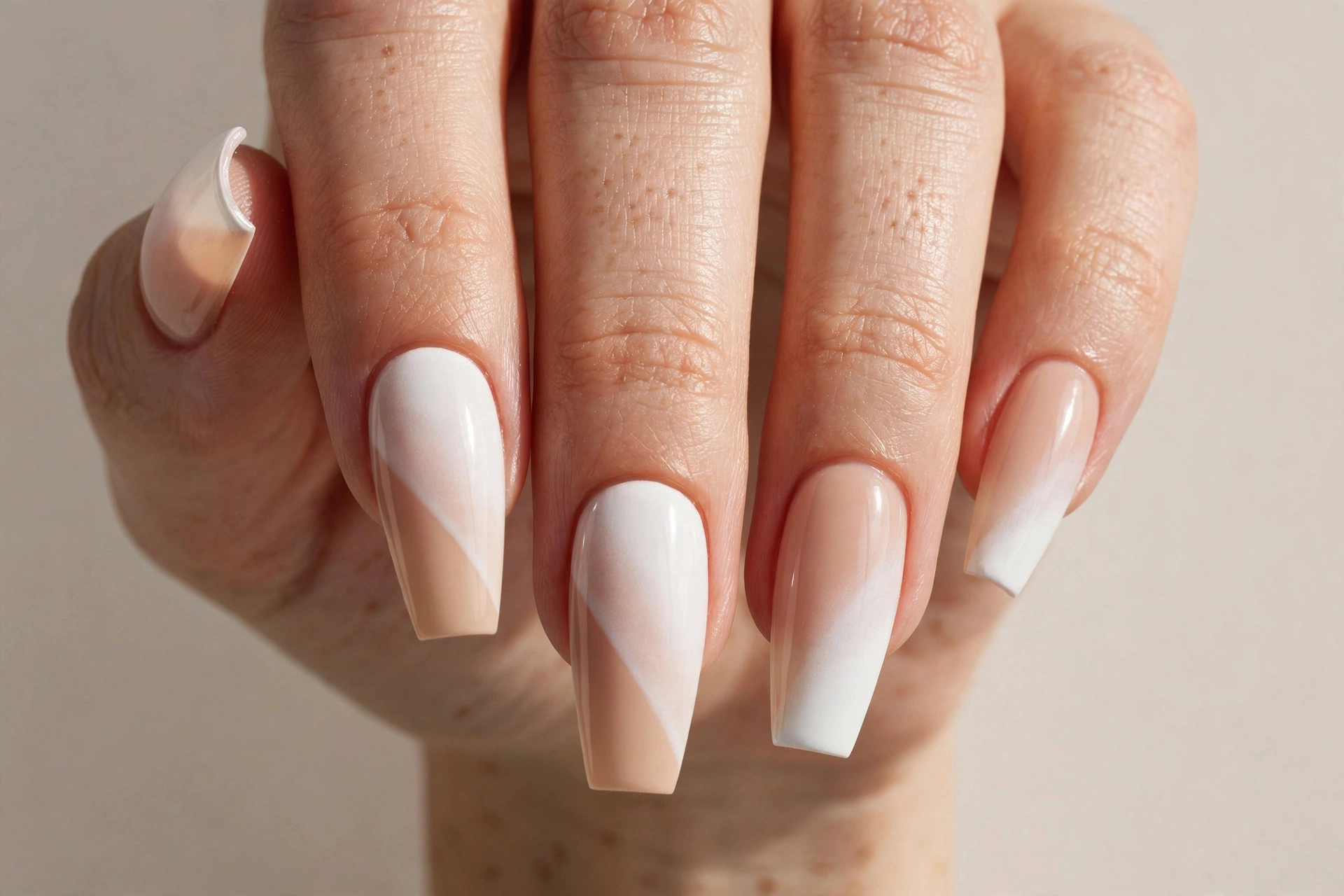 Nude-to-white diagonal ombre manicure on coffin nails