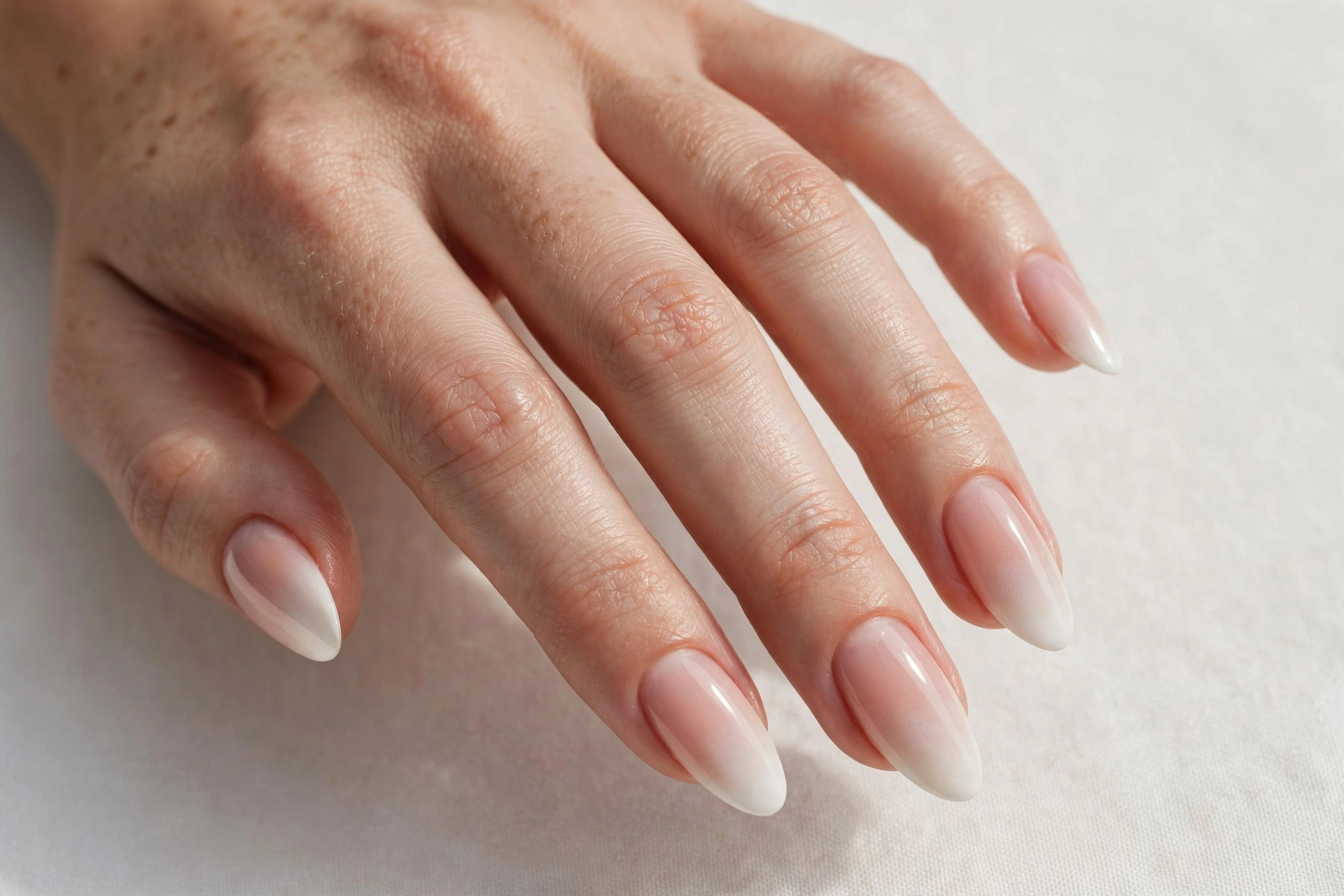 Classic bridal baby boomer ombre manicure with elegant soft white tips on almond nails