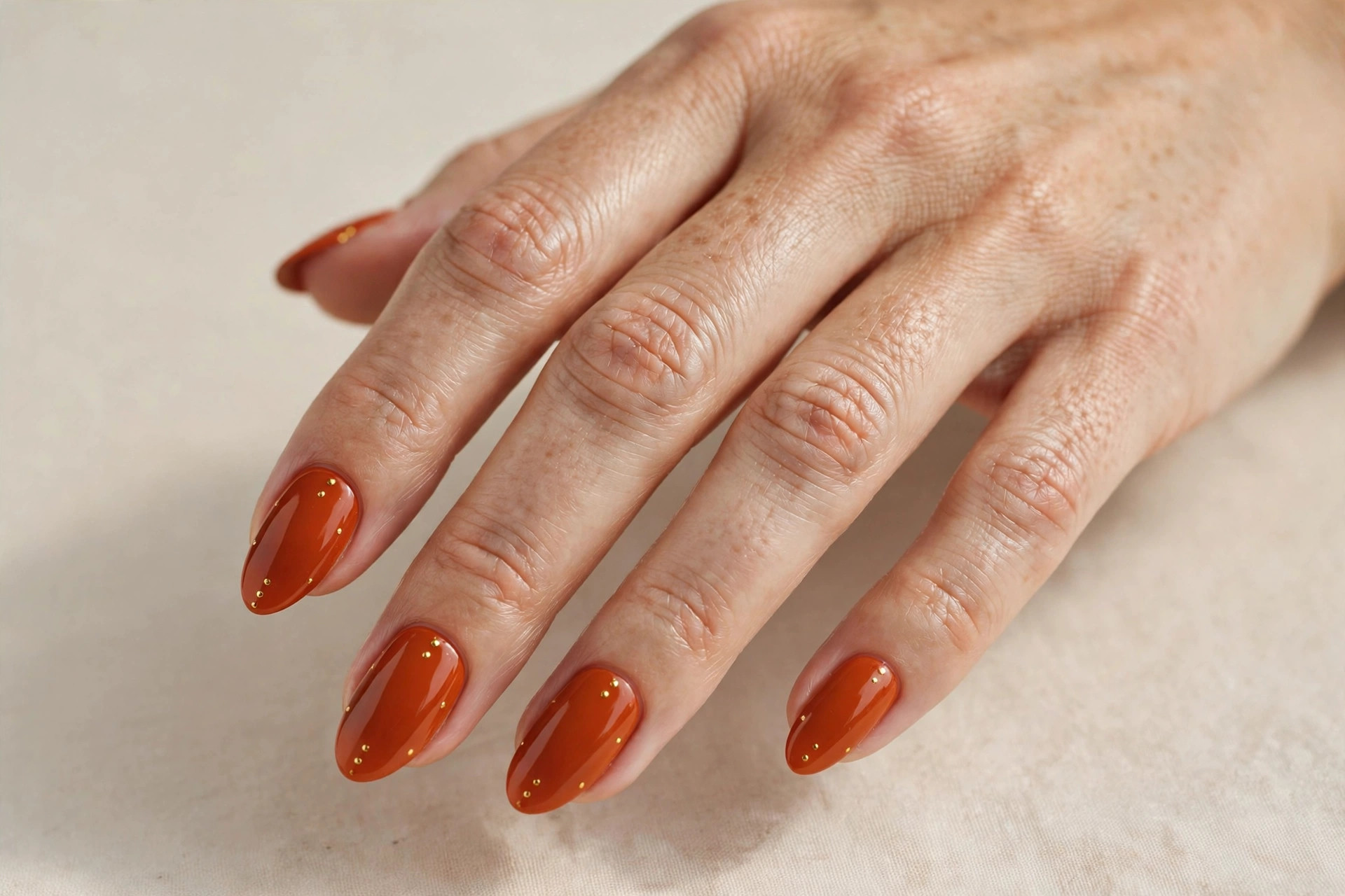 Burnt orange almond nails with tiny gold accent dots