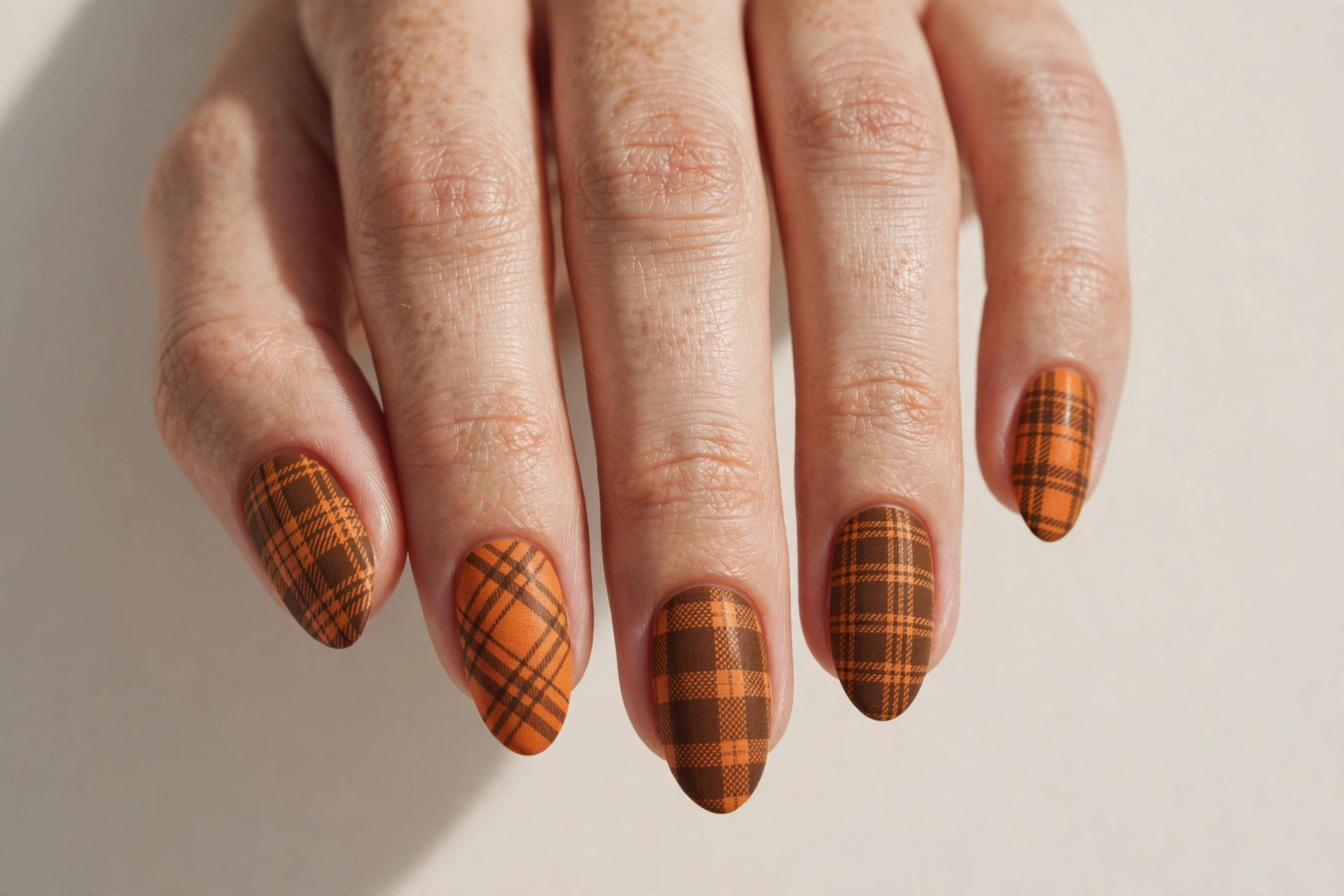 Pumpkin orange and brown flannel plaid nail pattern