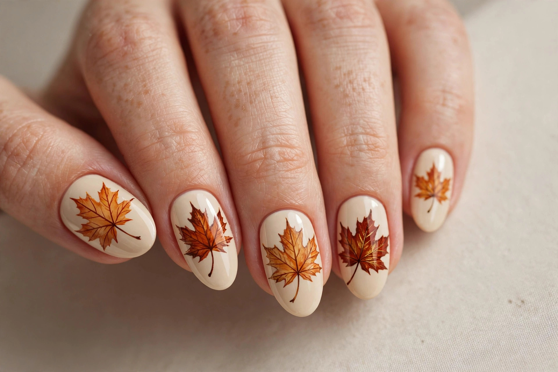 Hand-painted autumn maple leaf nail art on cream nails