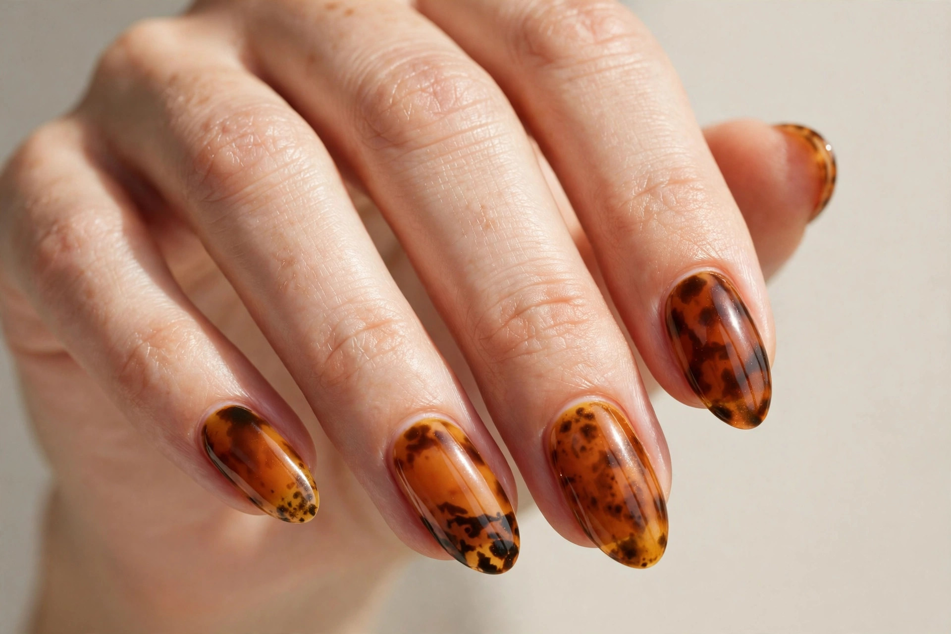 Warm amber tortoiseshell pattern almond nails