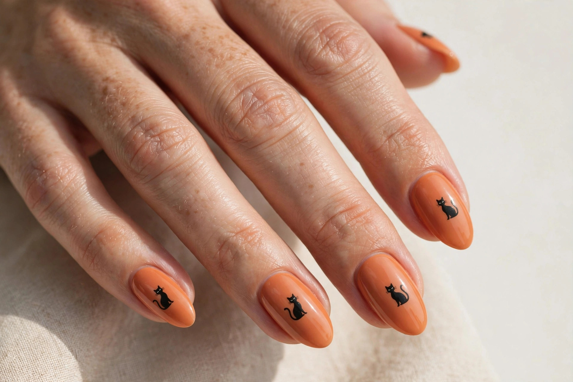 Black cat silhouette nail art on nude orange October nails