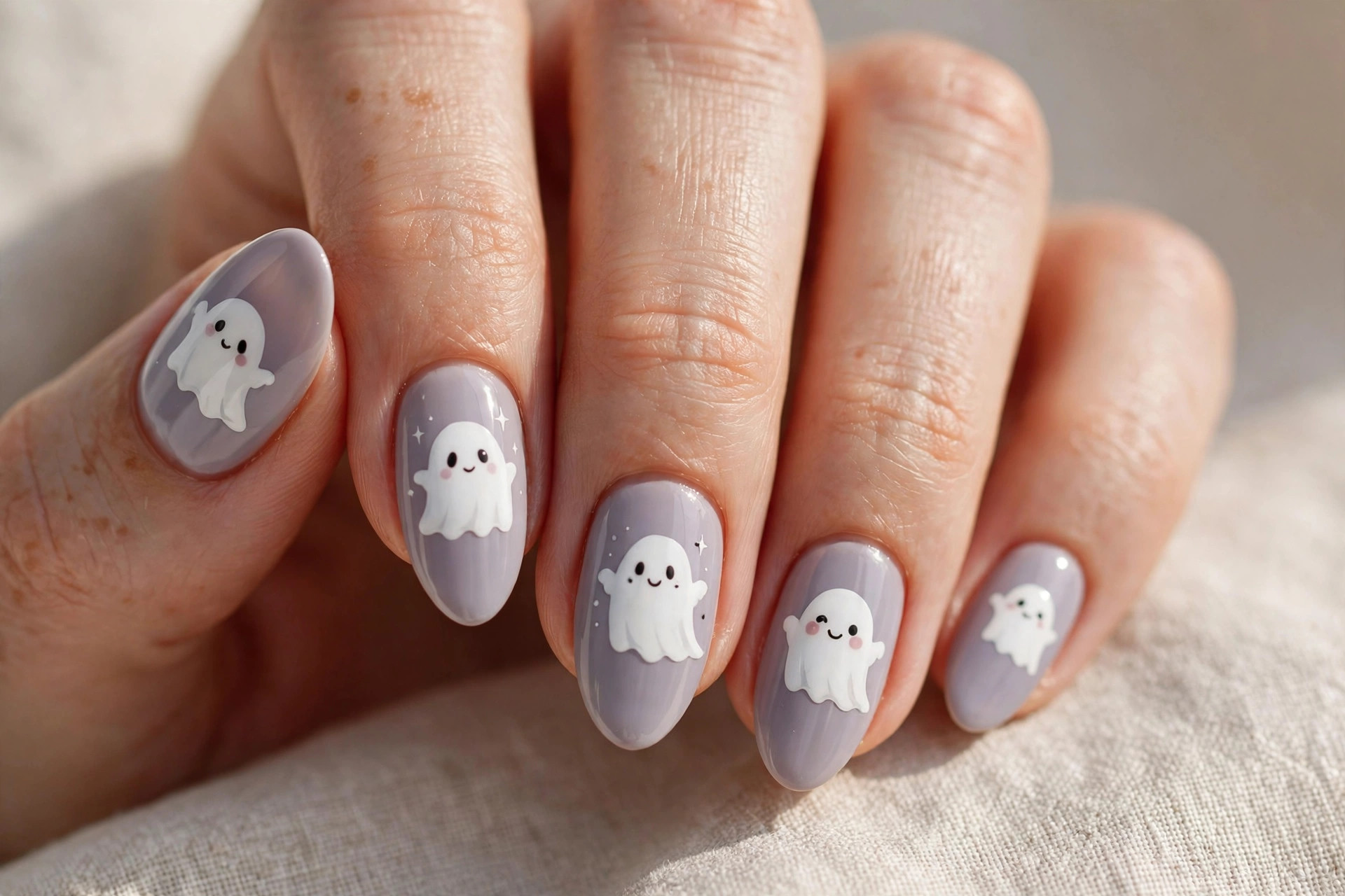 Cute white ghost nail art on lavender gray nails