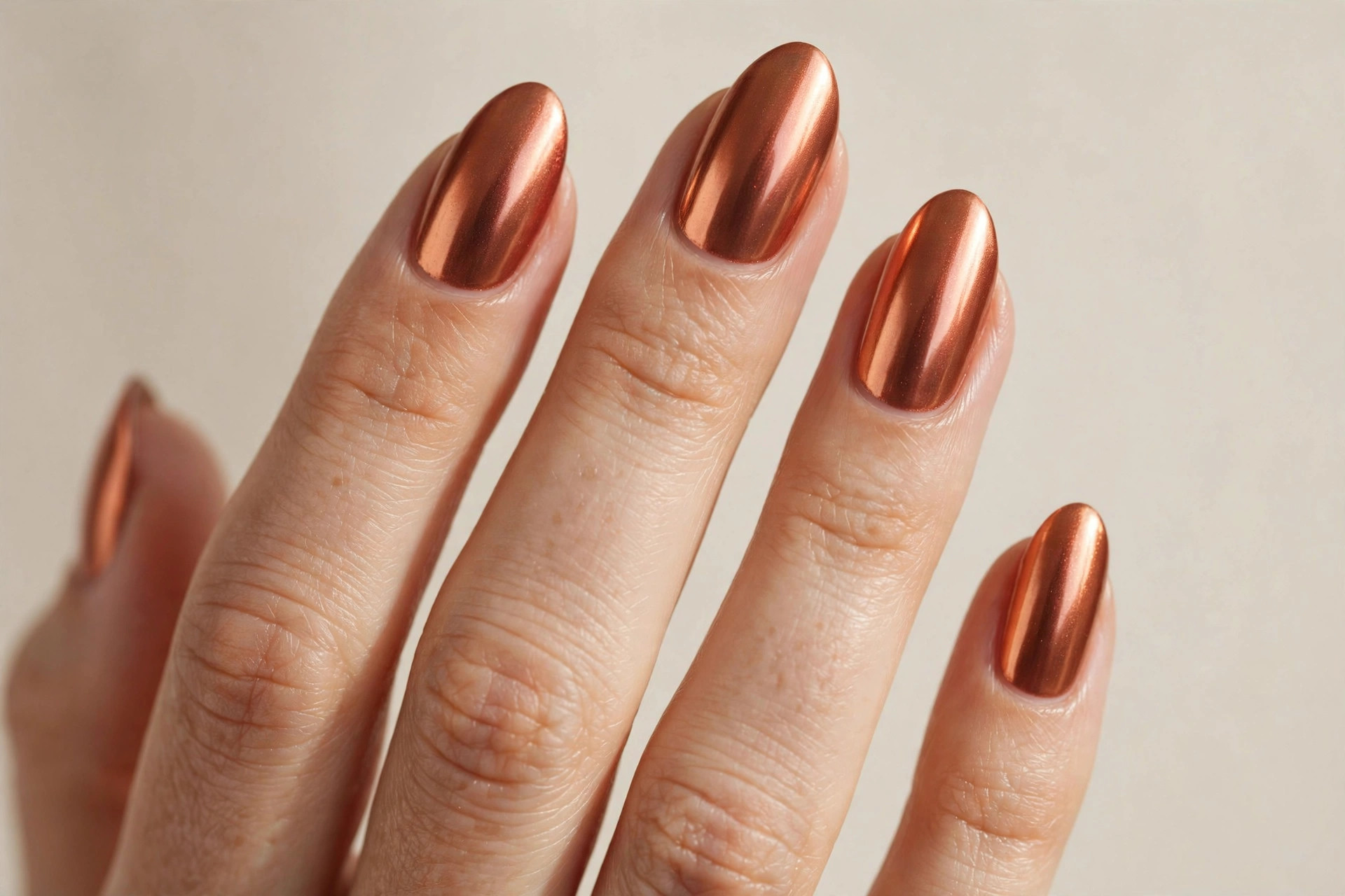 Copper chrome metallic shine almond nails
