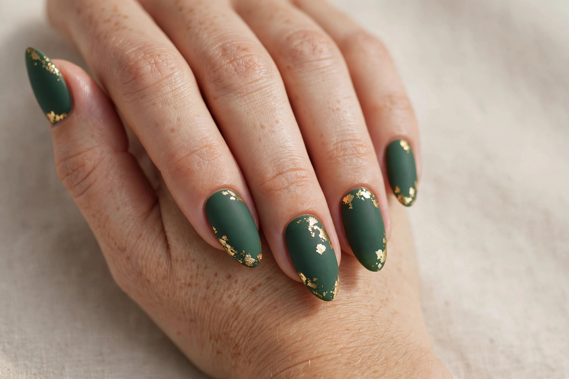 Matte forest green nails with delicate gold leaf accents