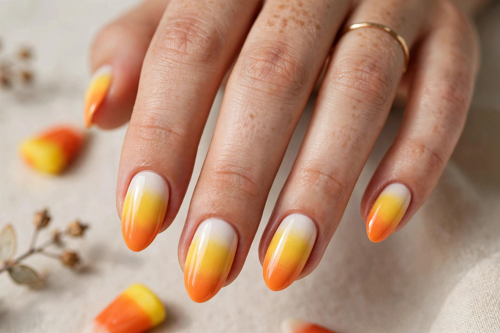 Candy corn gradient nail art in orange yellow and white