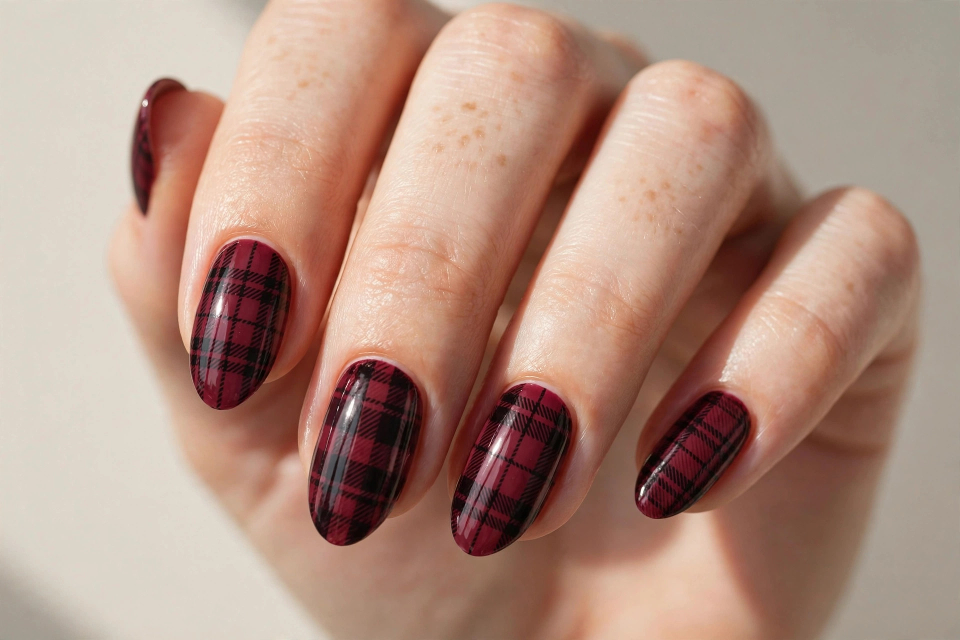 Burgundy and black plaid check pattern nails
