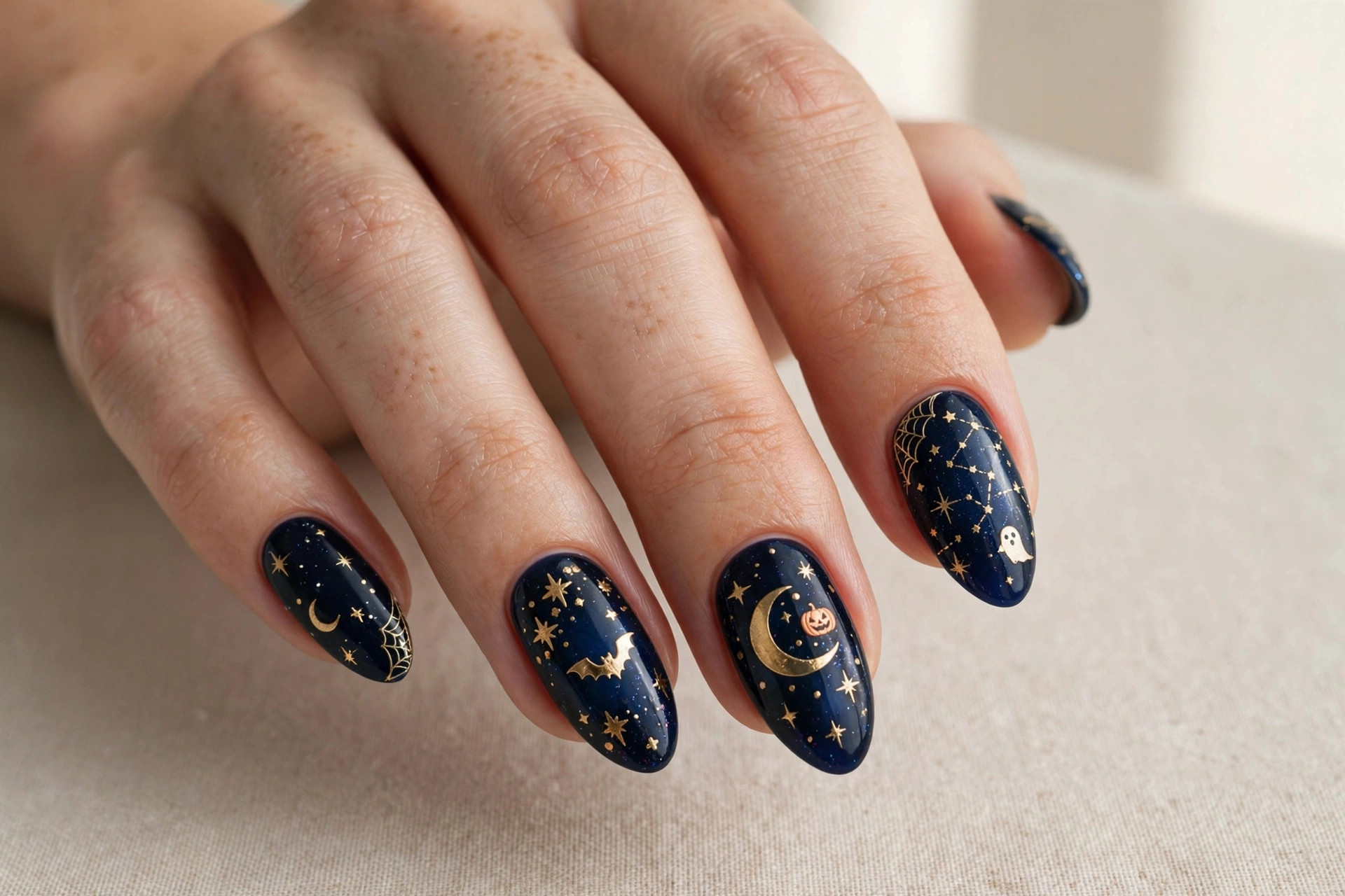 Midnight blue night sky nails with gold moon and star art
