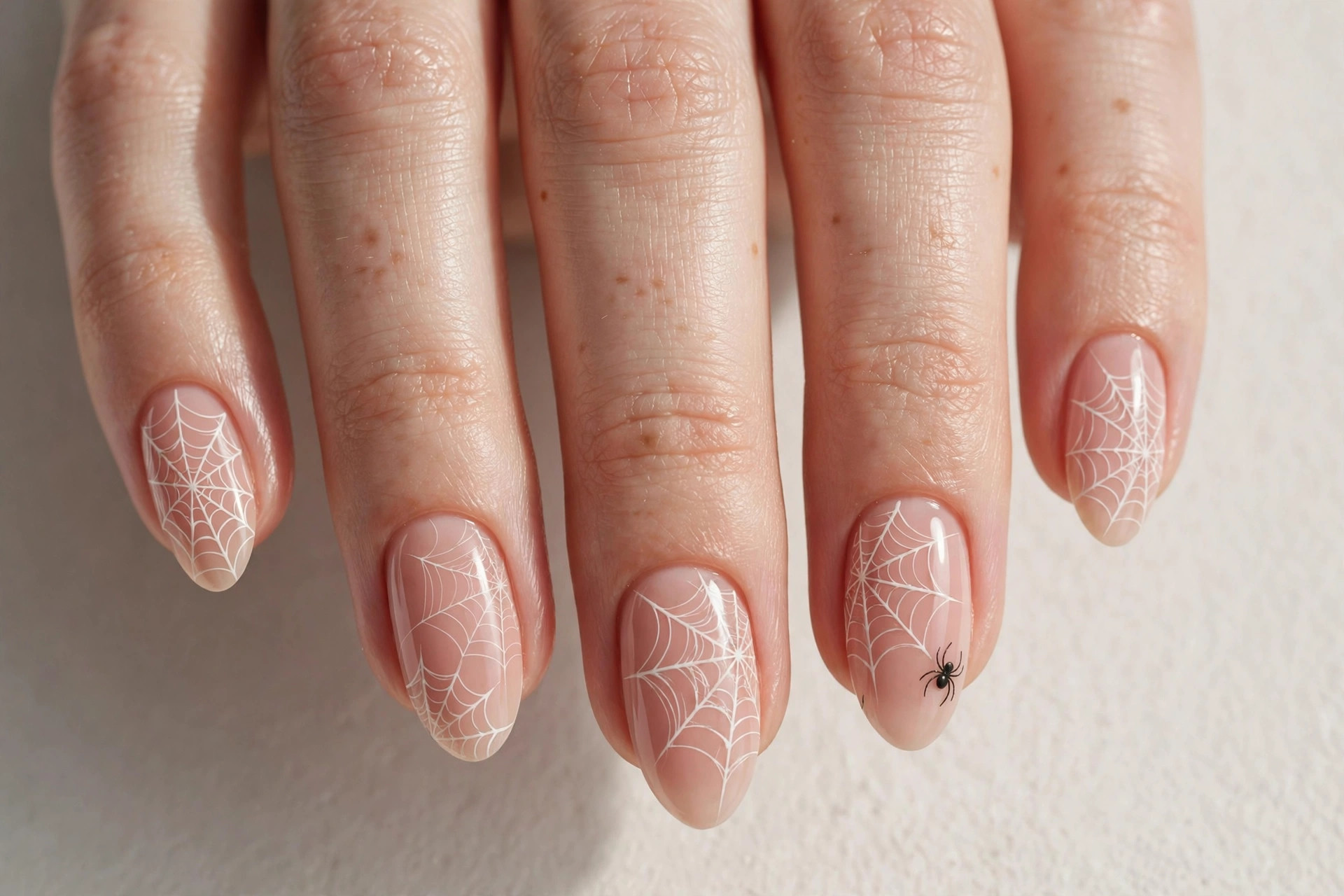 Delicate white spiderweb nail art on nude pink nails