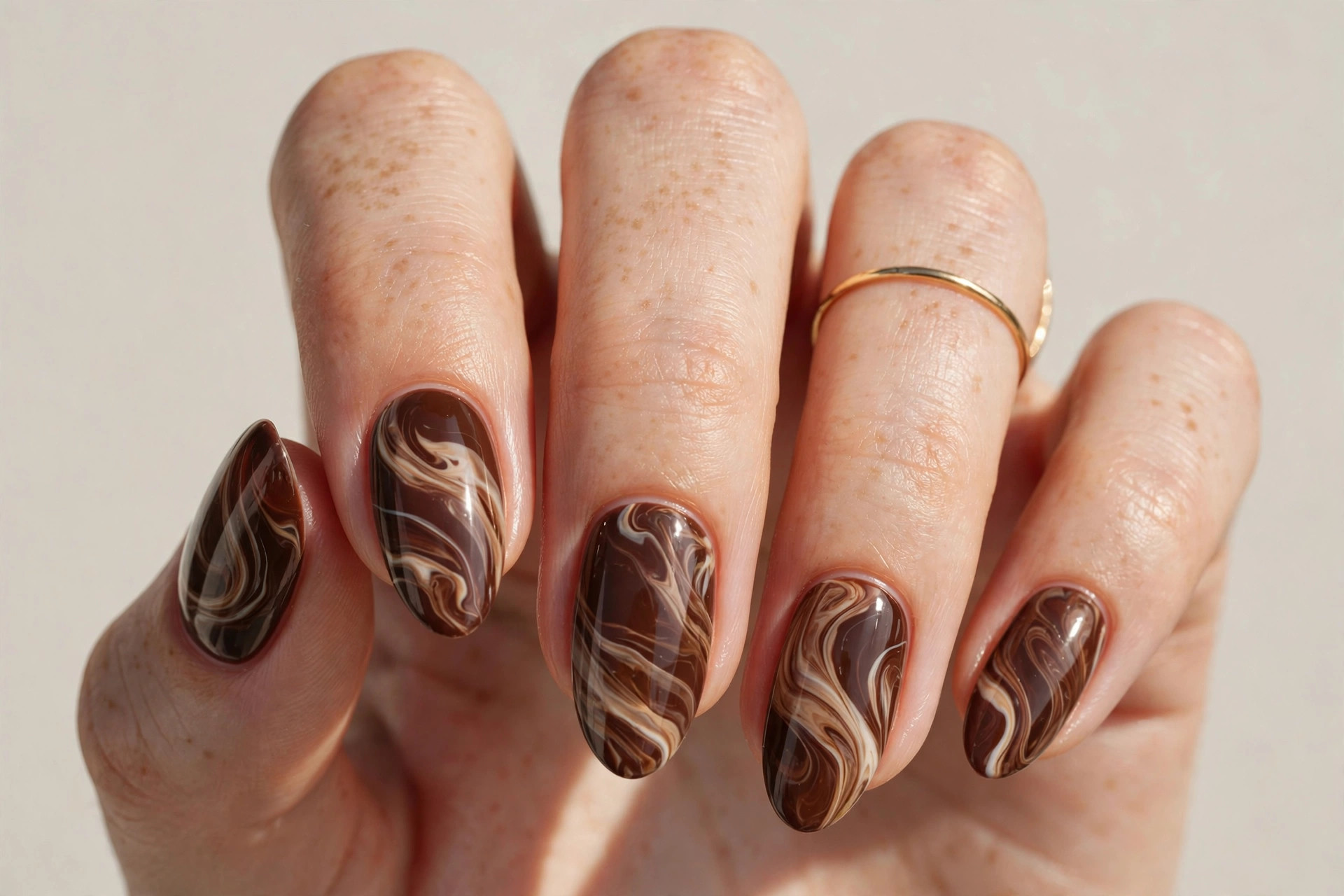 Espresso brown marble swirl nail art