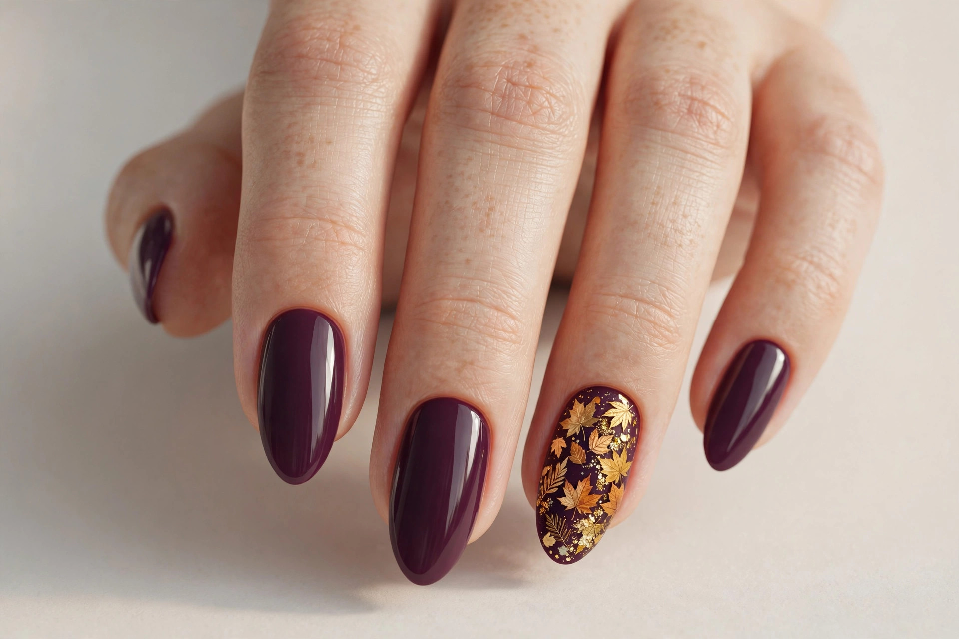 Deep plum nails with golden autumn leaf glitter accents