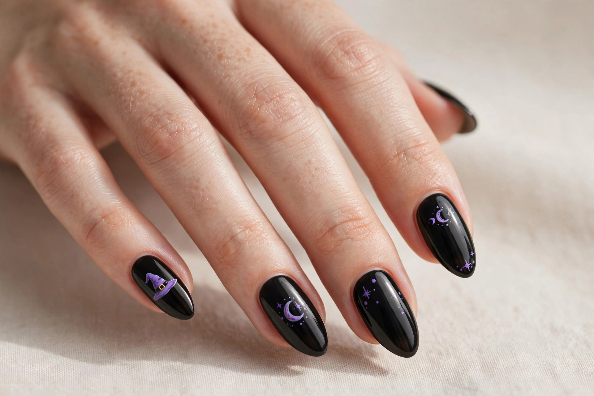 Black witchy nails with purple witch hat and moon accents