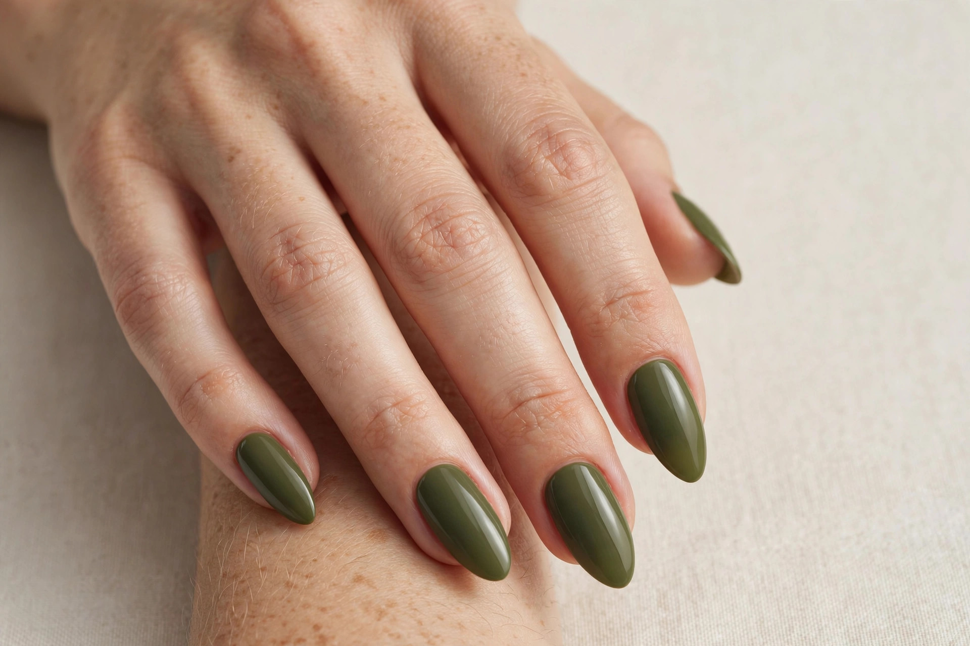 Close-up of a woman's hand with olive green fall manicure on almond shaped nails