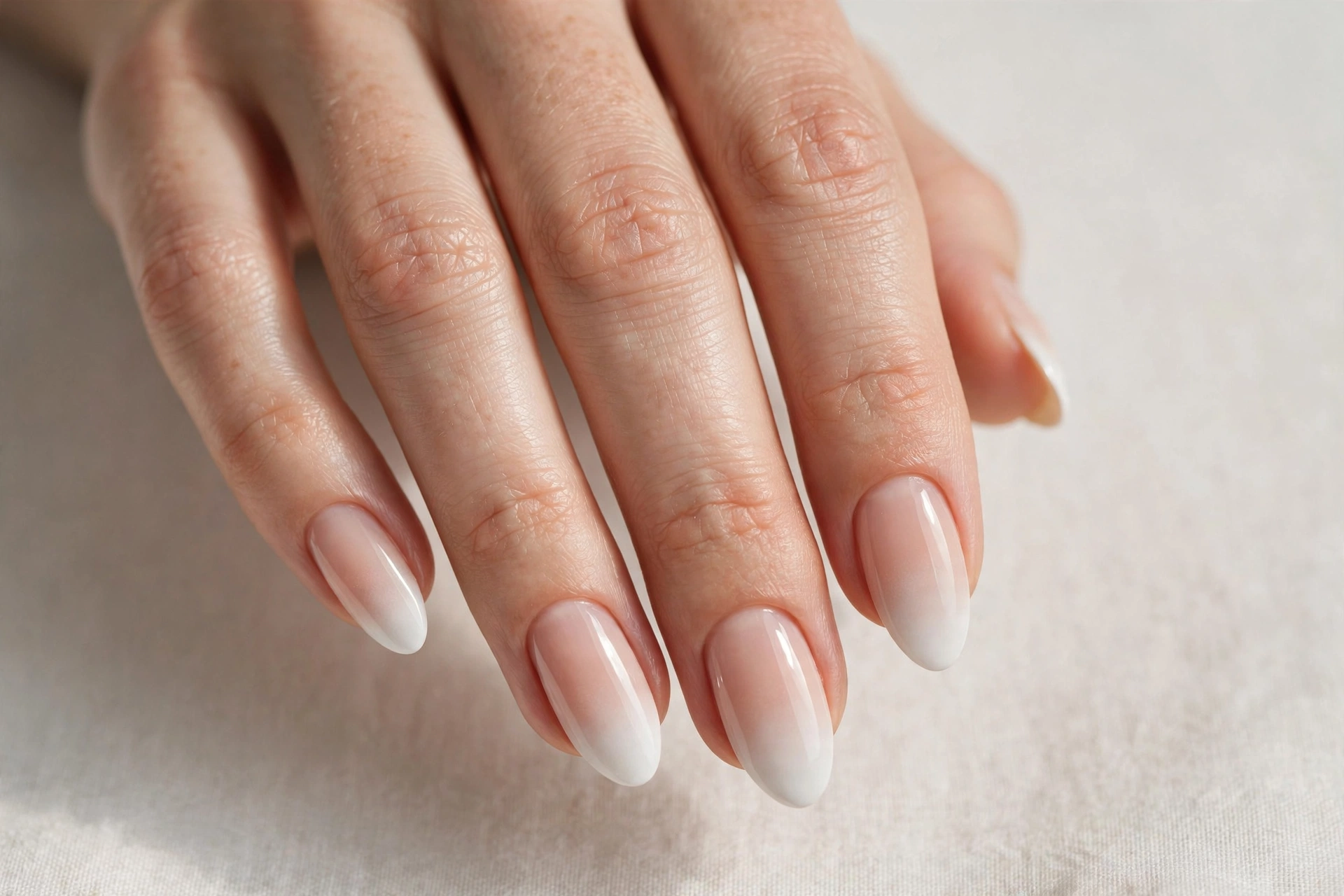 Classic baby boomer ombre nails with nude-to-white gradient on almond nails