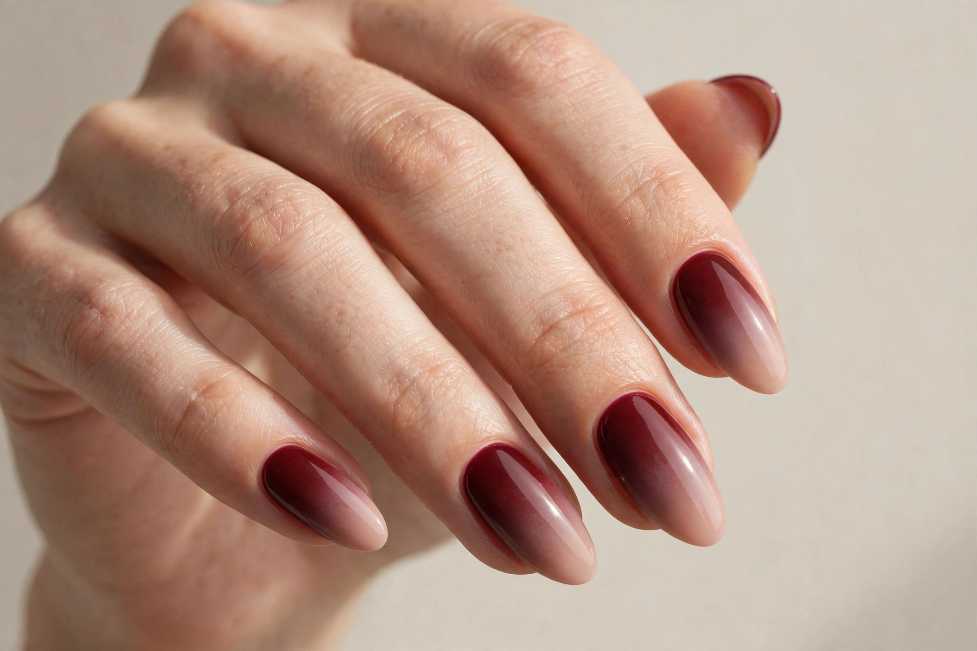 Burgundy to nude wine ombre manicure, elegant autumn gradient nails
