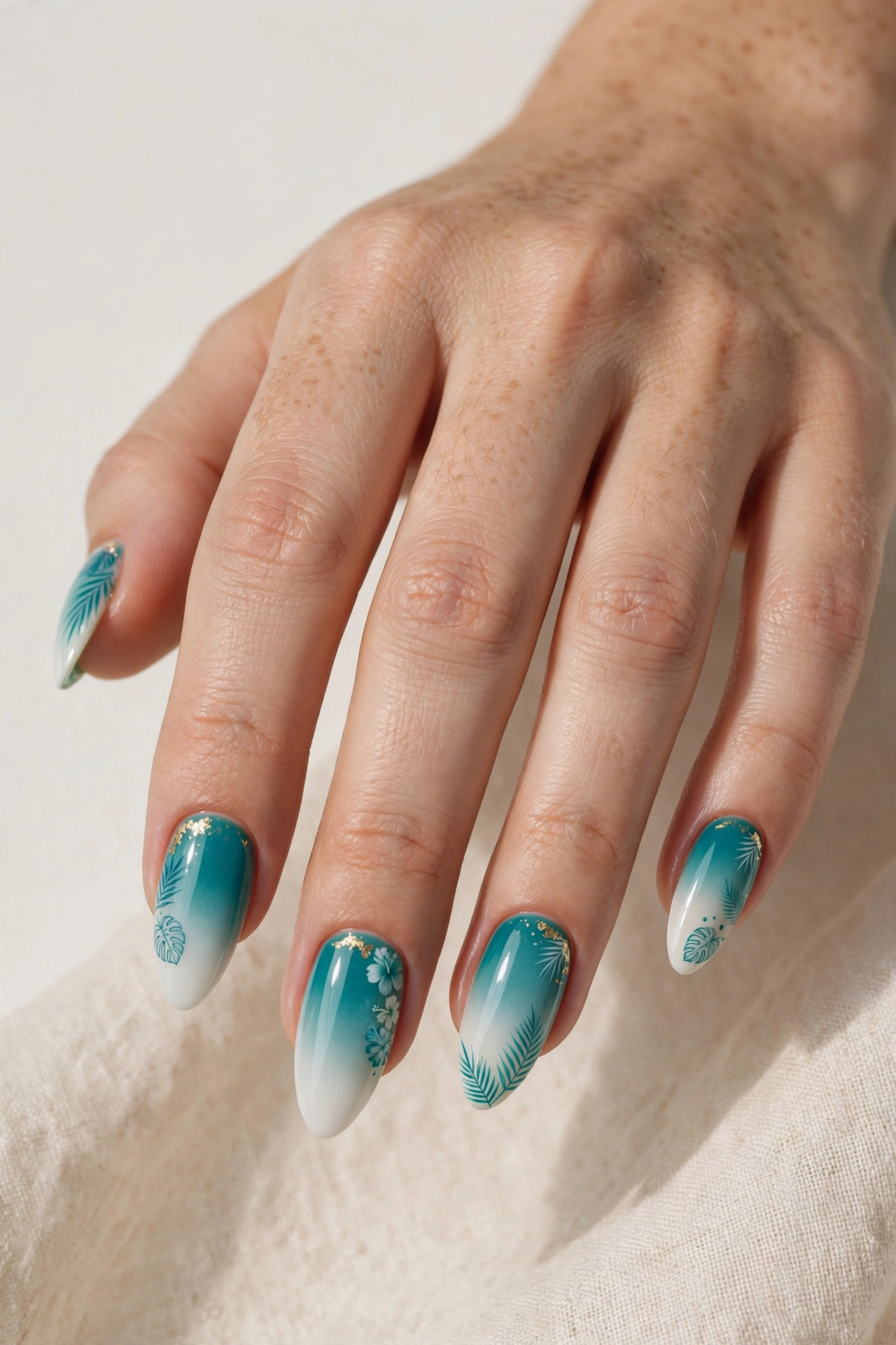 Teal to white tropical ombre nails, bright summer gradient manicure
