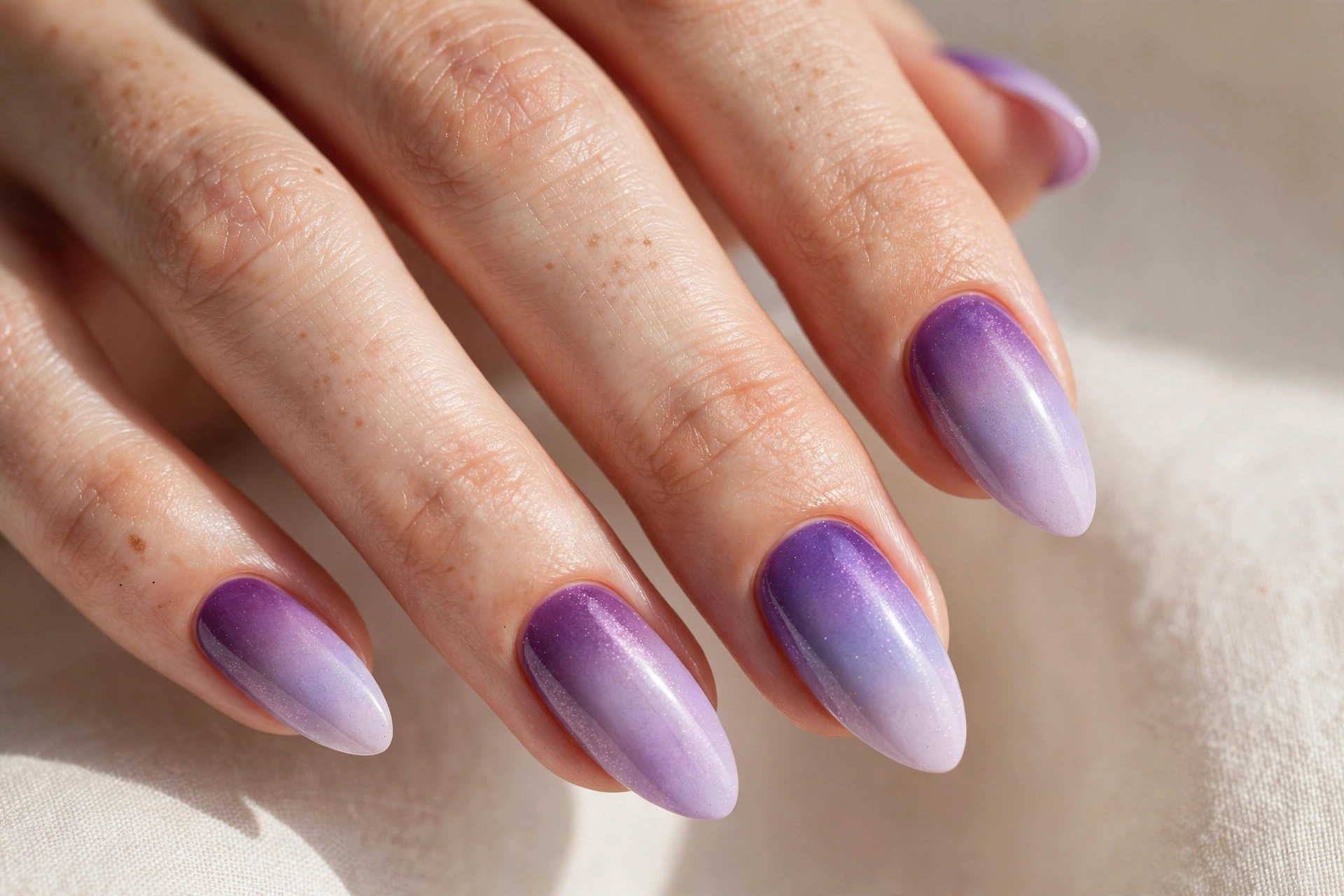 Purple to lavender dream ombre nails, soft violet gradient manicure