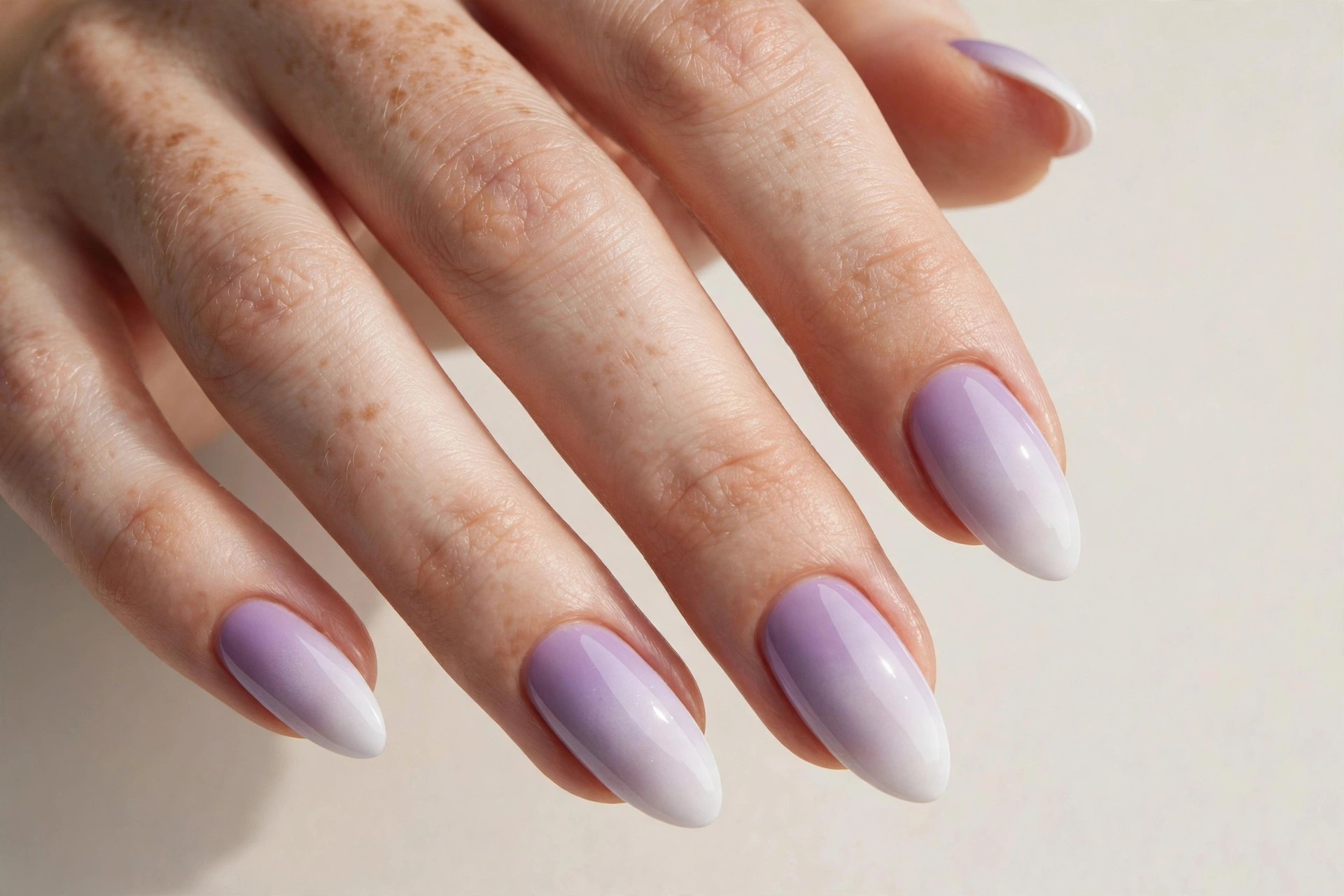 Lilac to white pastel ombre nails, delicate spring gradient manicure