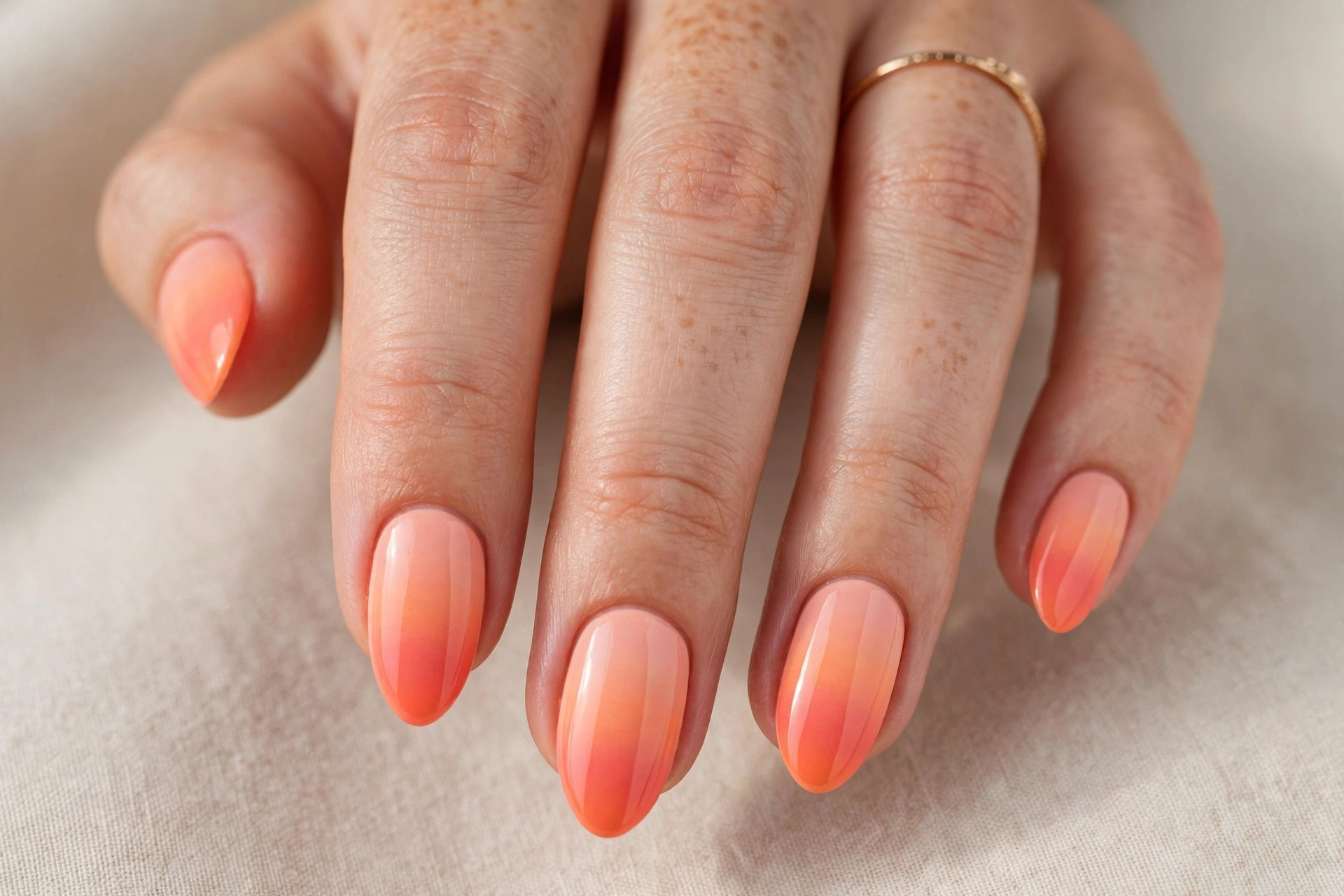 Peach to coral sunset ombre nails, warm gradient manicure