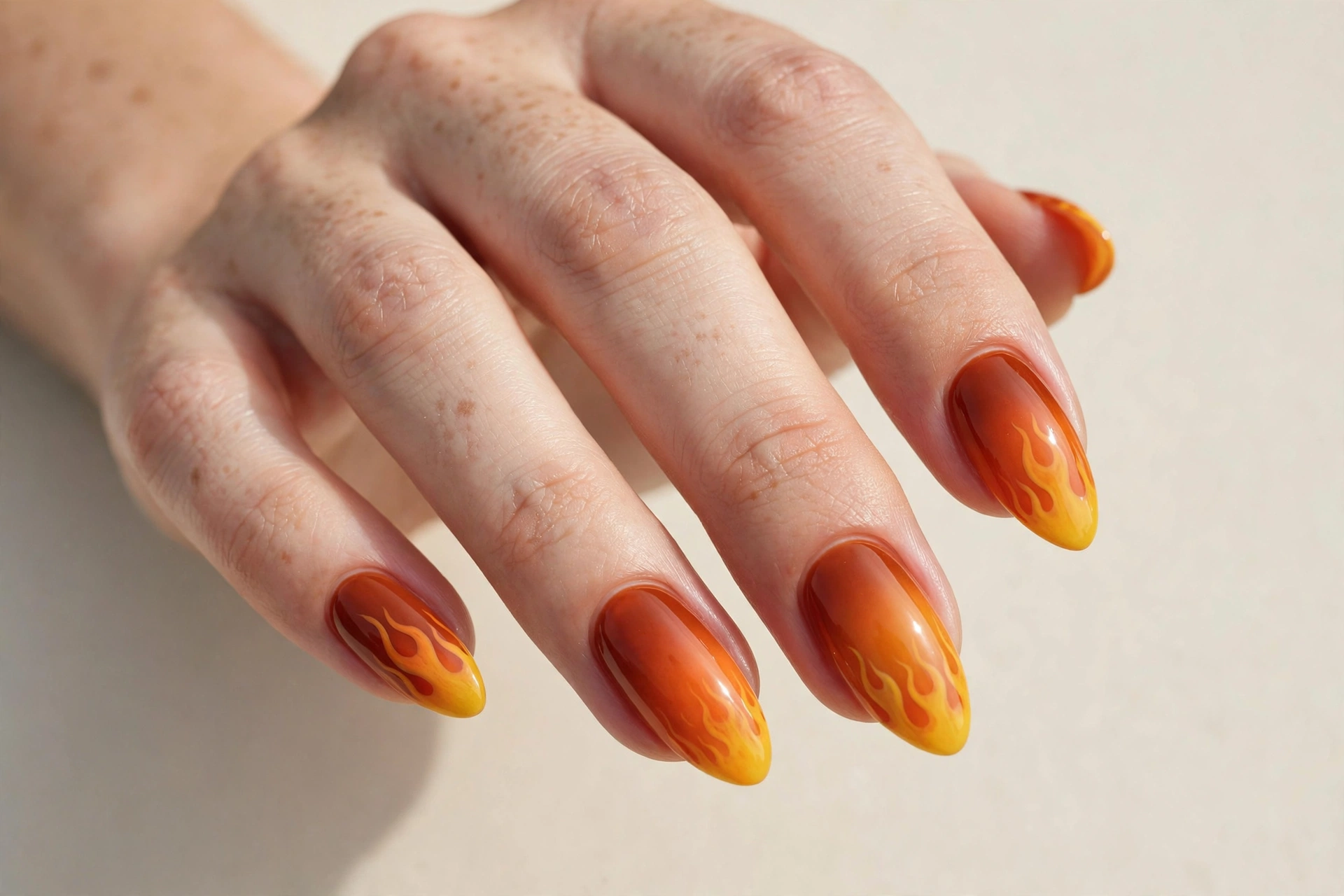 Burnt orange to yellow flame ombre nails, bold warm gradient manicure