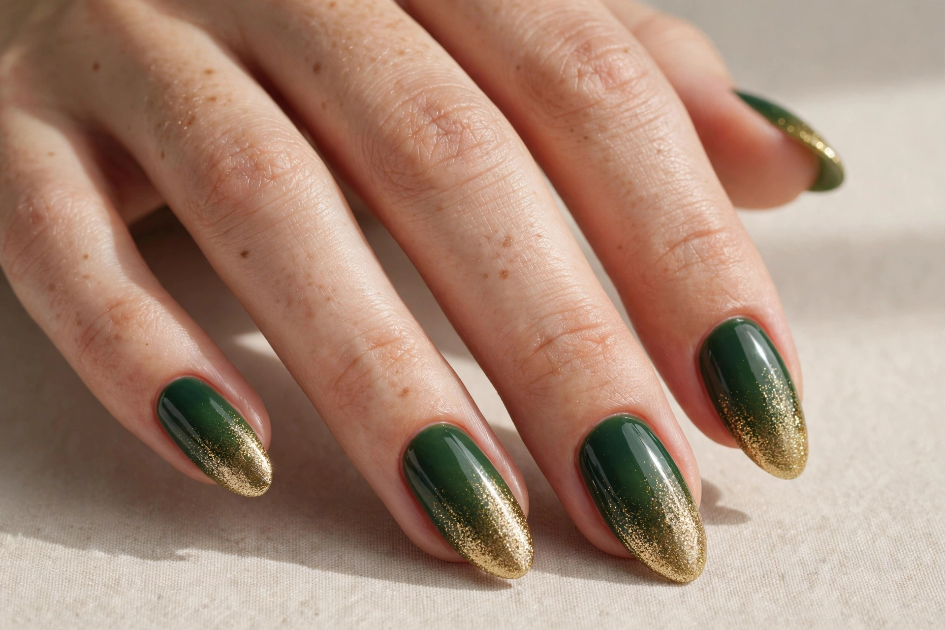 Forest green to gold glitter ombre nails, festive gradient manicure