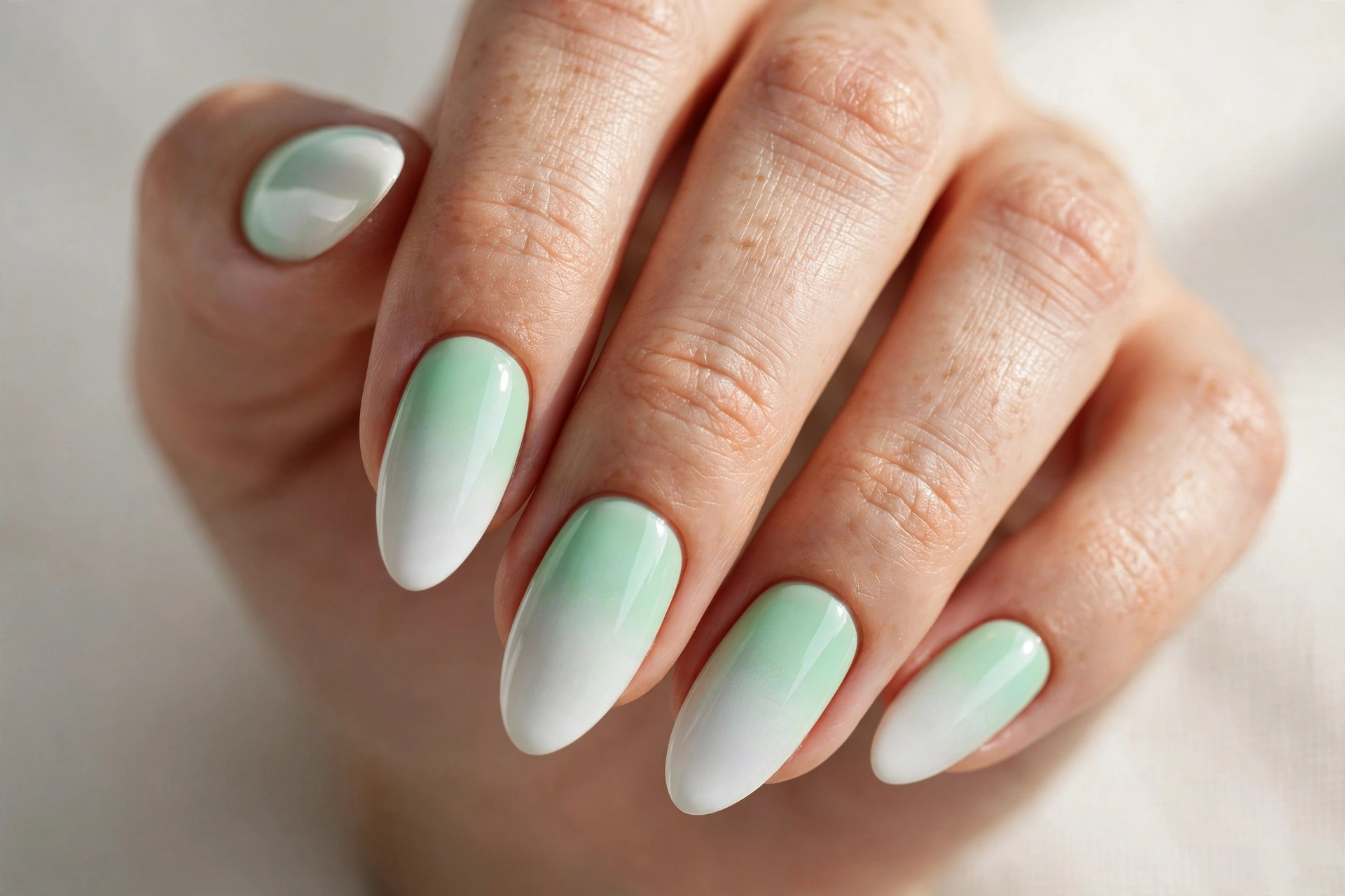 Mint green to white fresh ombre nails, cool spring gradient manicure