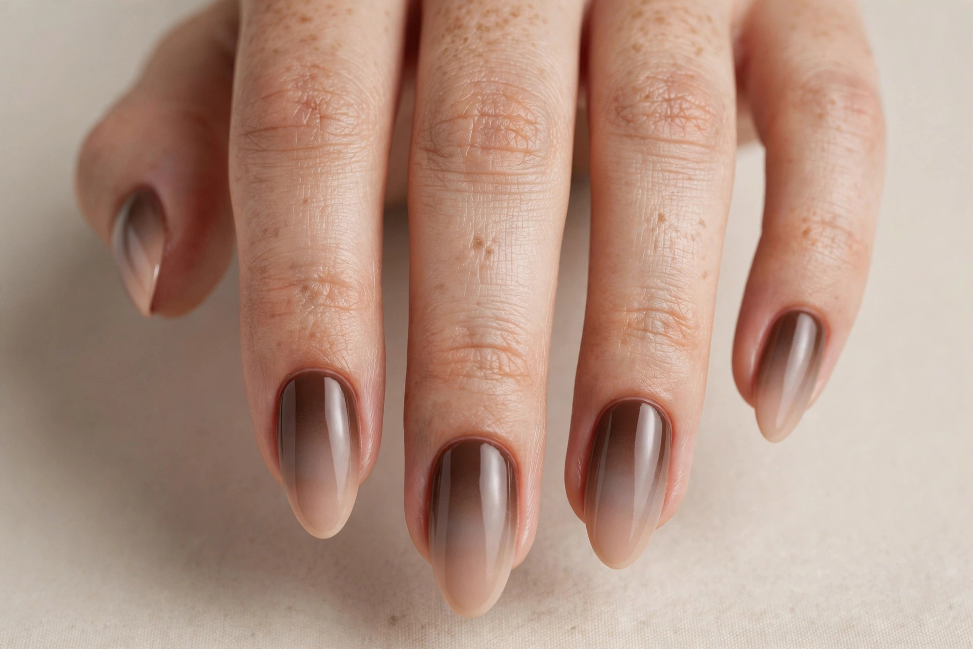 Coffee brown to nude ombre nails, cozy neutral gradient manicure