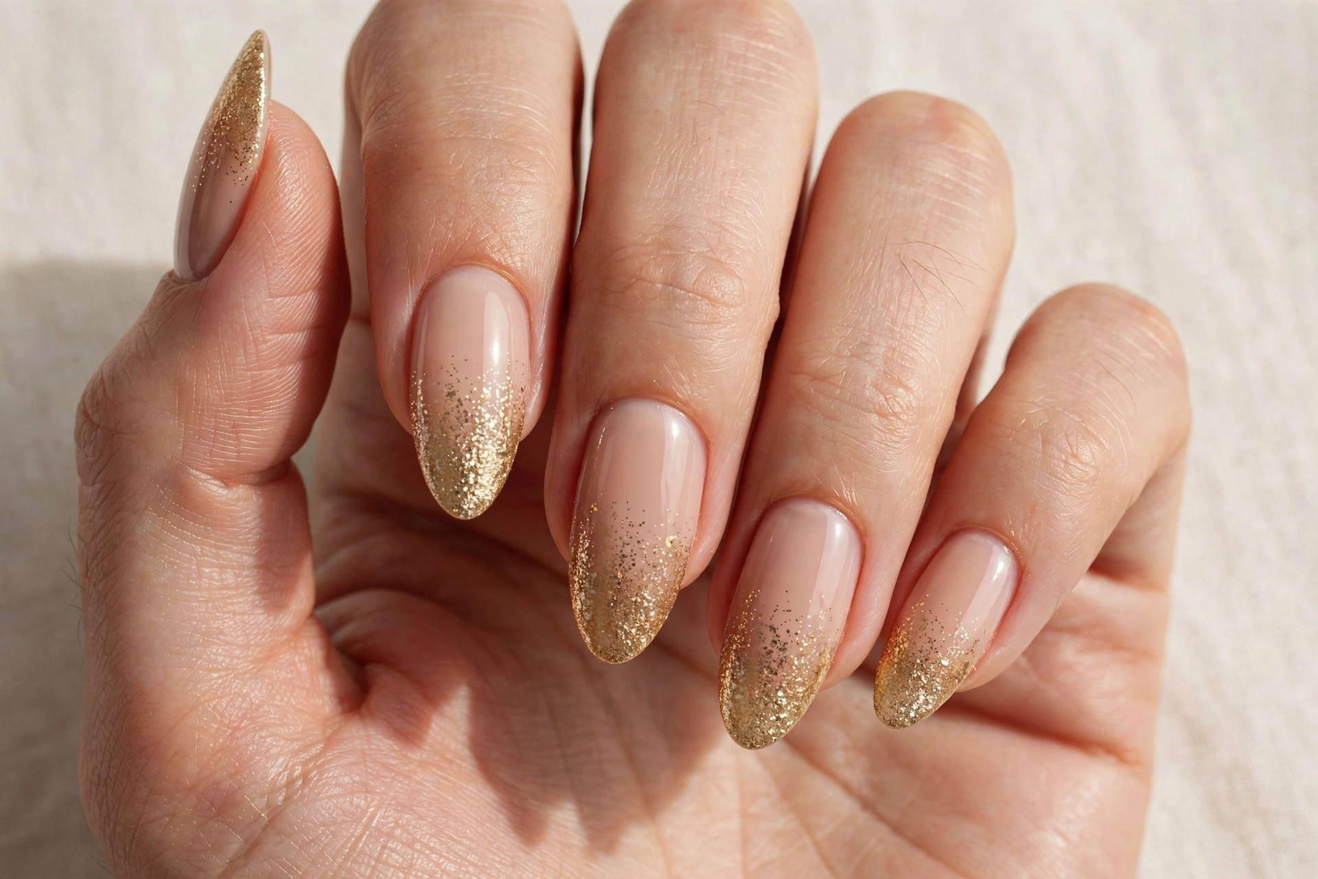 Nude nails with gold glitter ombre tips, elegant sparkle gradient