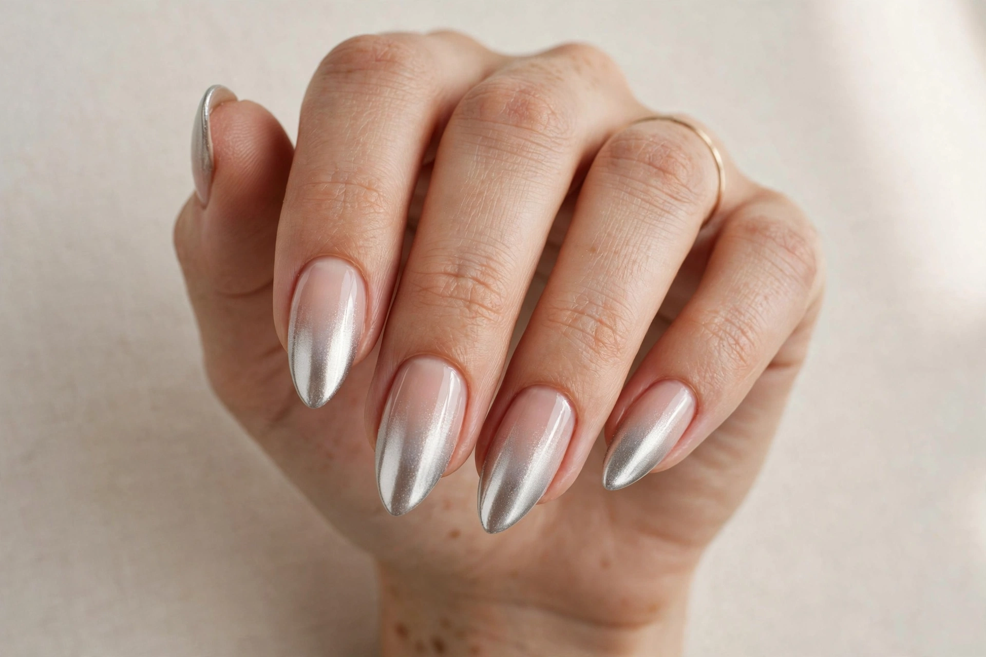 Chrome powder silver ombre nails, metallic gradient manicure