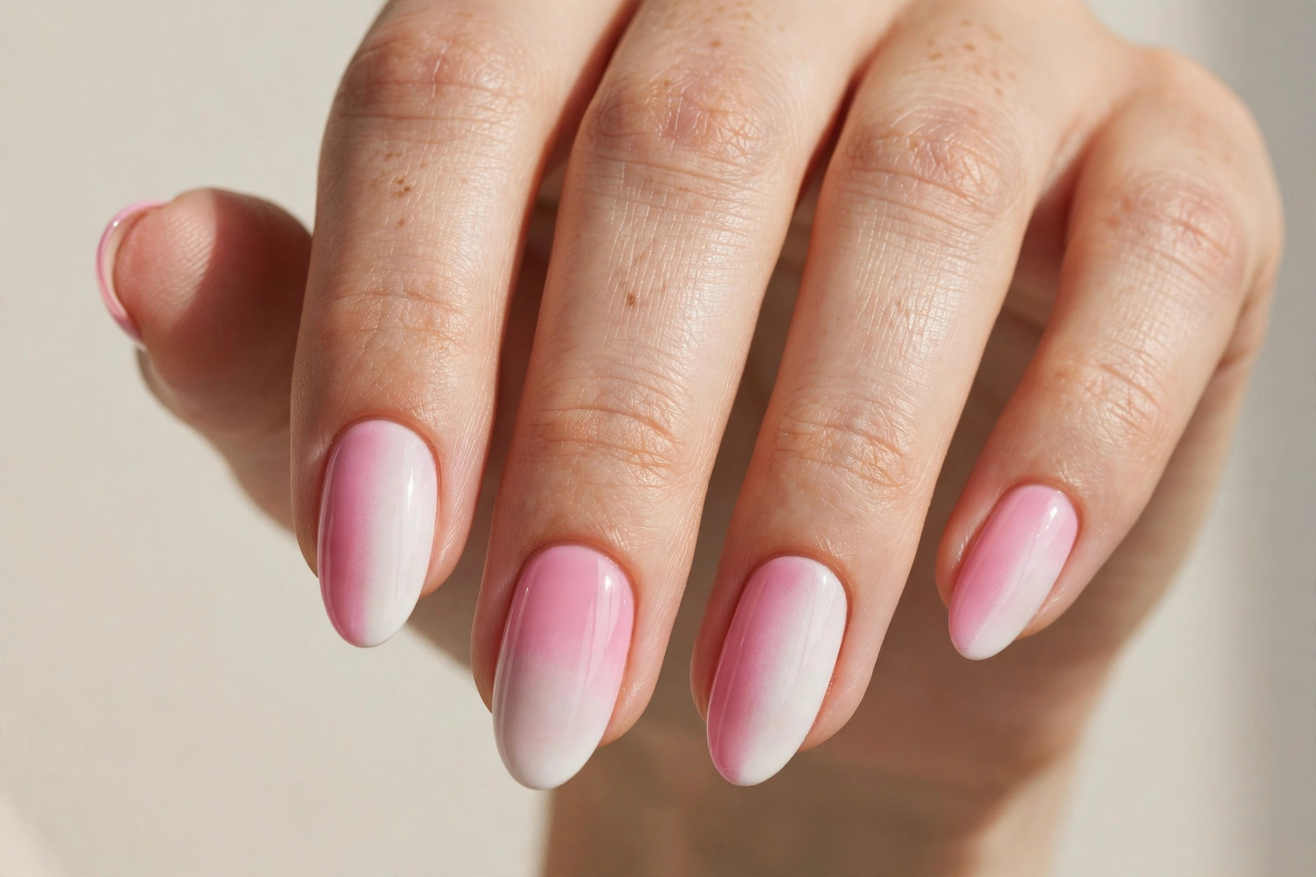 Vertical side-to-side pink and white ombre nails, unique gradient manicure