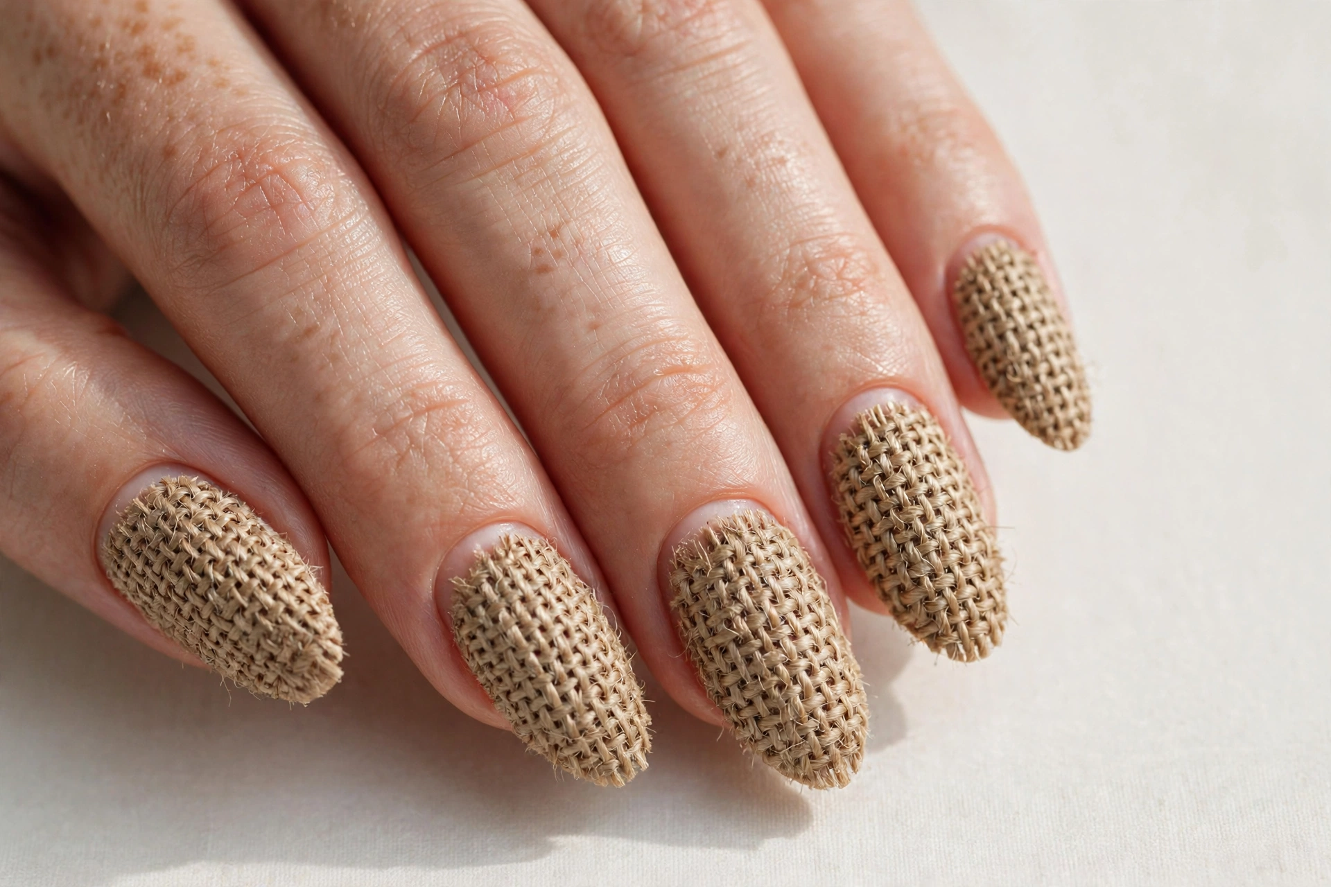 Burlap sack texture nail art with woven tan fibers on almond nails