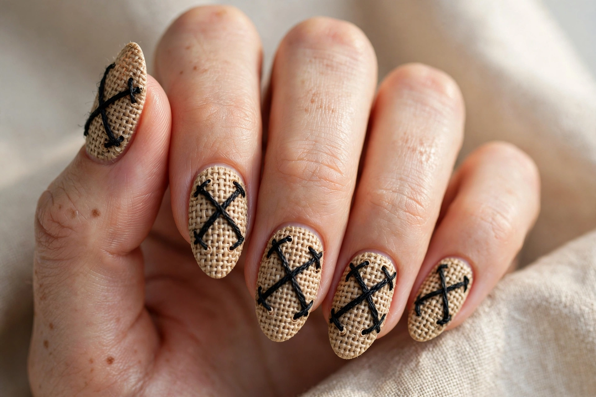 Tan burlap nails with thick black stitched X seams
