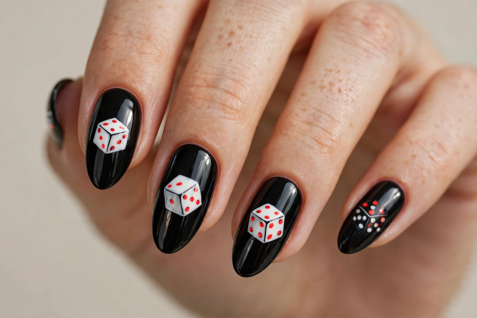 White and red casino dice painted on glossy black nails