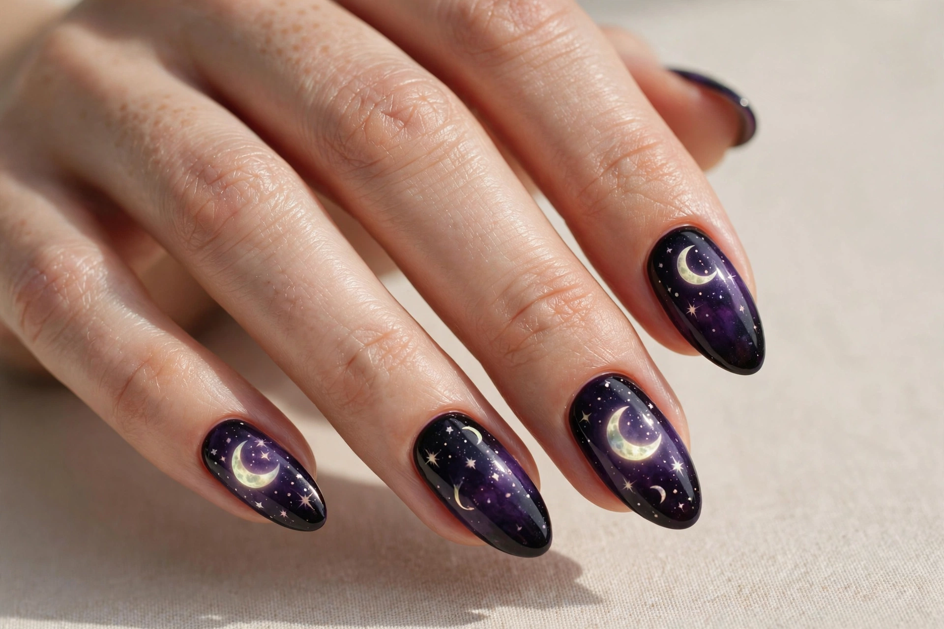 Glowing crescent moon over purple black ombre night sky nails