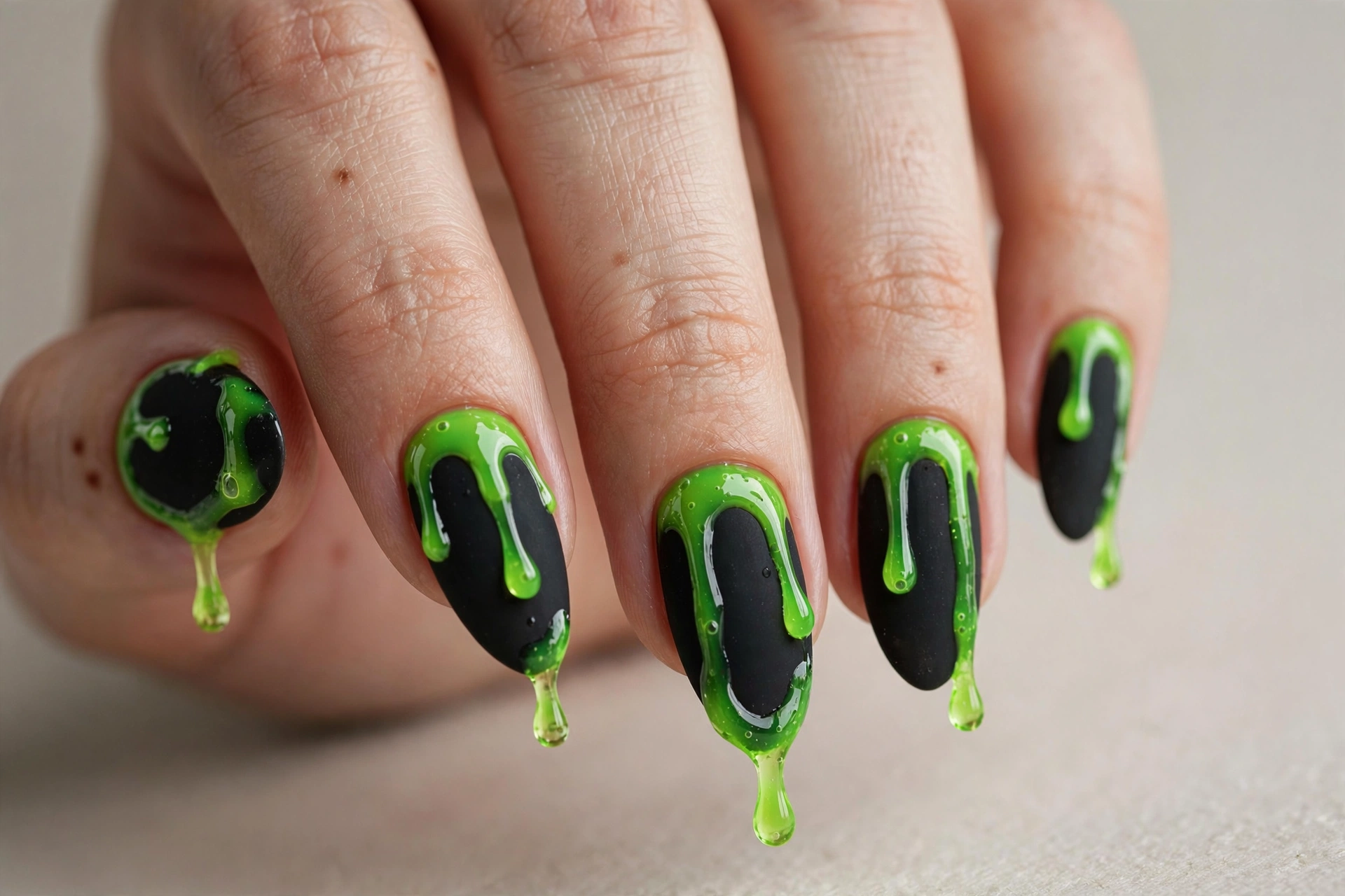Neon green slime dripping over matte black almond nails