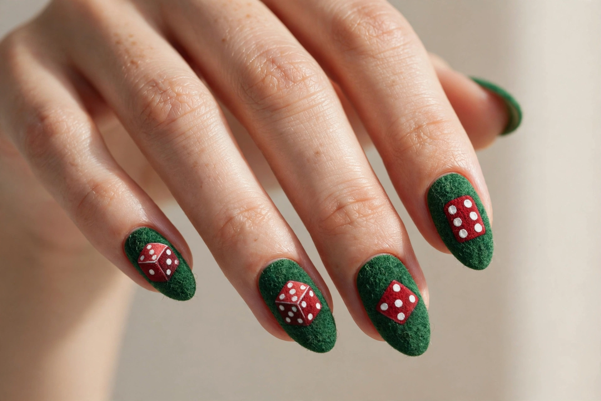 Red and white dice motifs on deep green felt textured nails