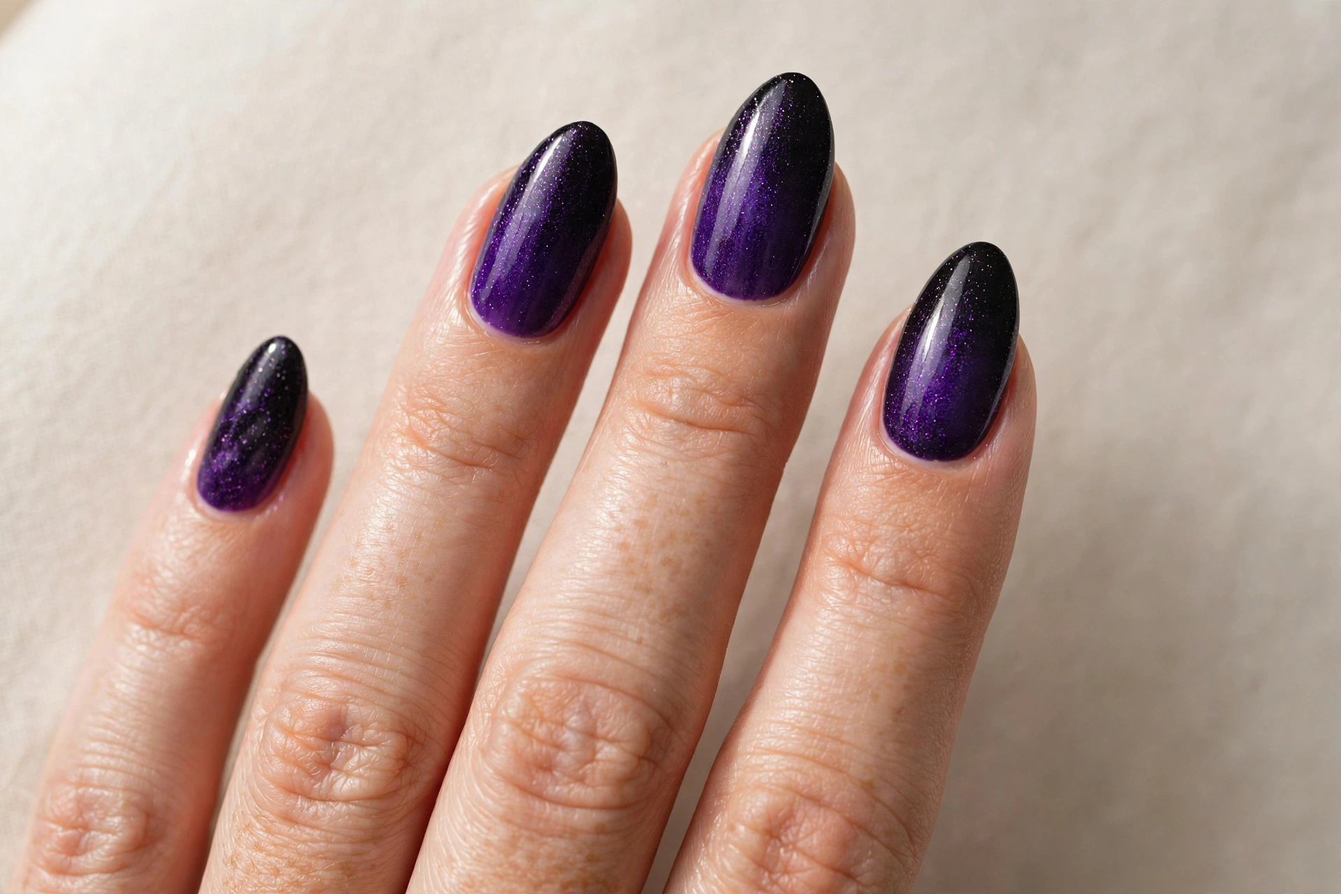 Deep violet to jet black ombre Halloween nails with shimmer
