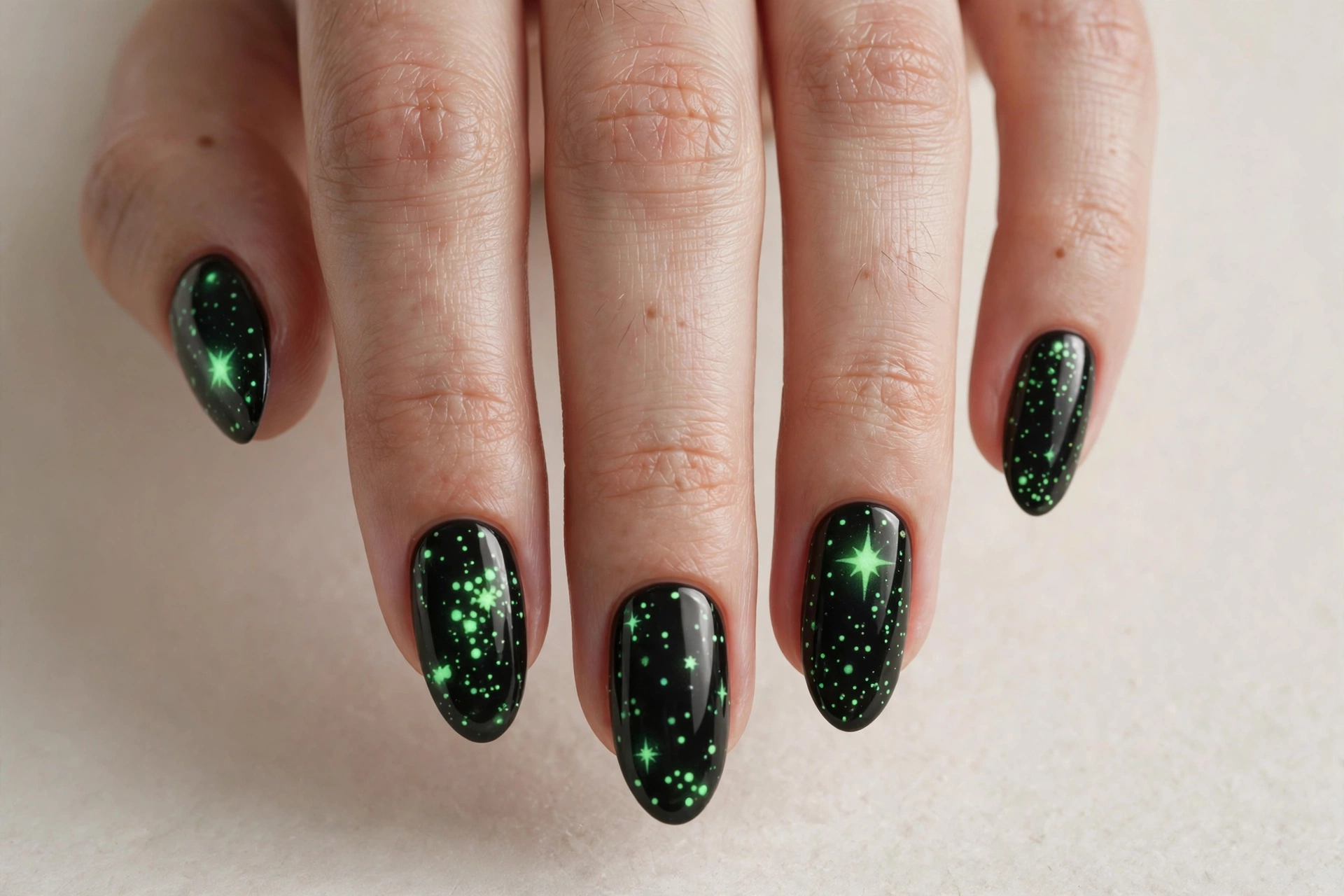 Black nails with glowing neon green stars and dots