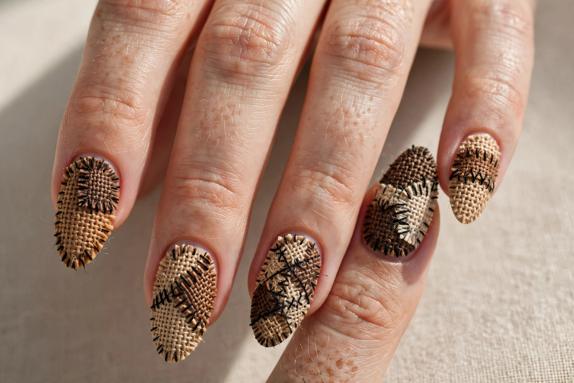 Patchwork burlap nails in tan and brown sewn with black stitches